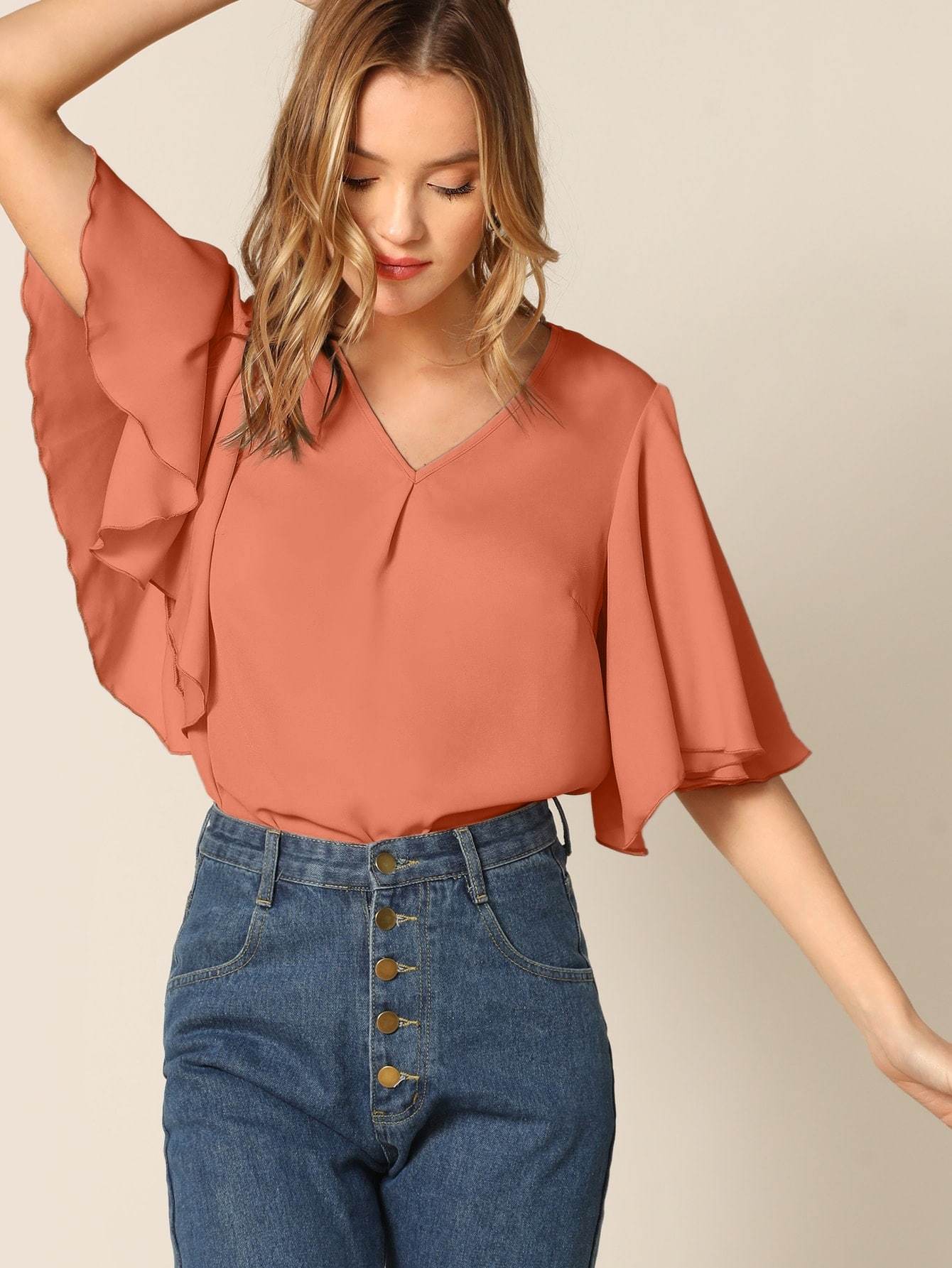 V-Neck Half Sleeve V-neck Flutter Sleeve Solid Top