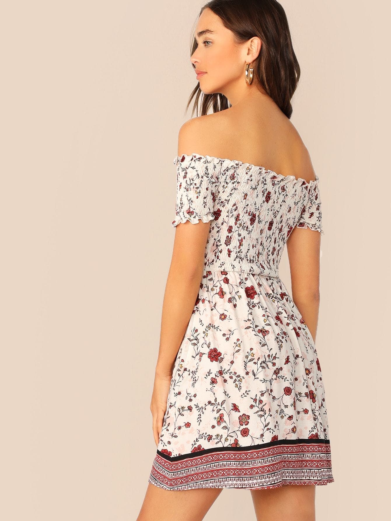 White Mixed Print Shirred Bardot Dress