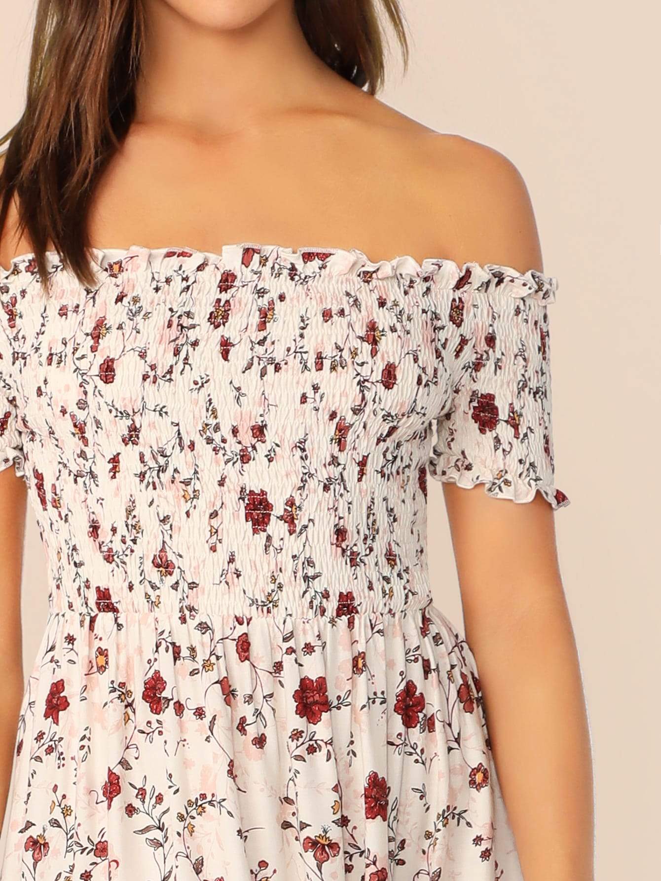 White Mixed Print Shirred Bardot Dress
