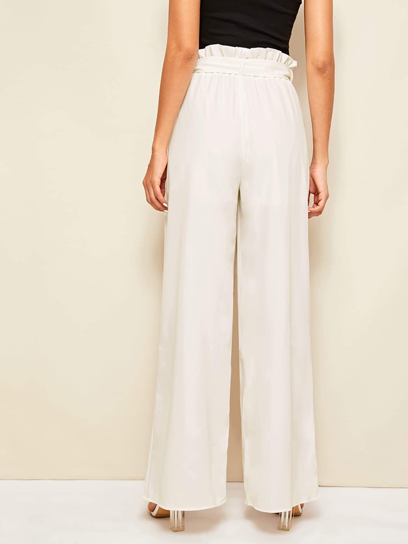 White Wide Leg Paperbag Waist Belted Palazzo Pants