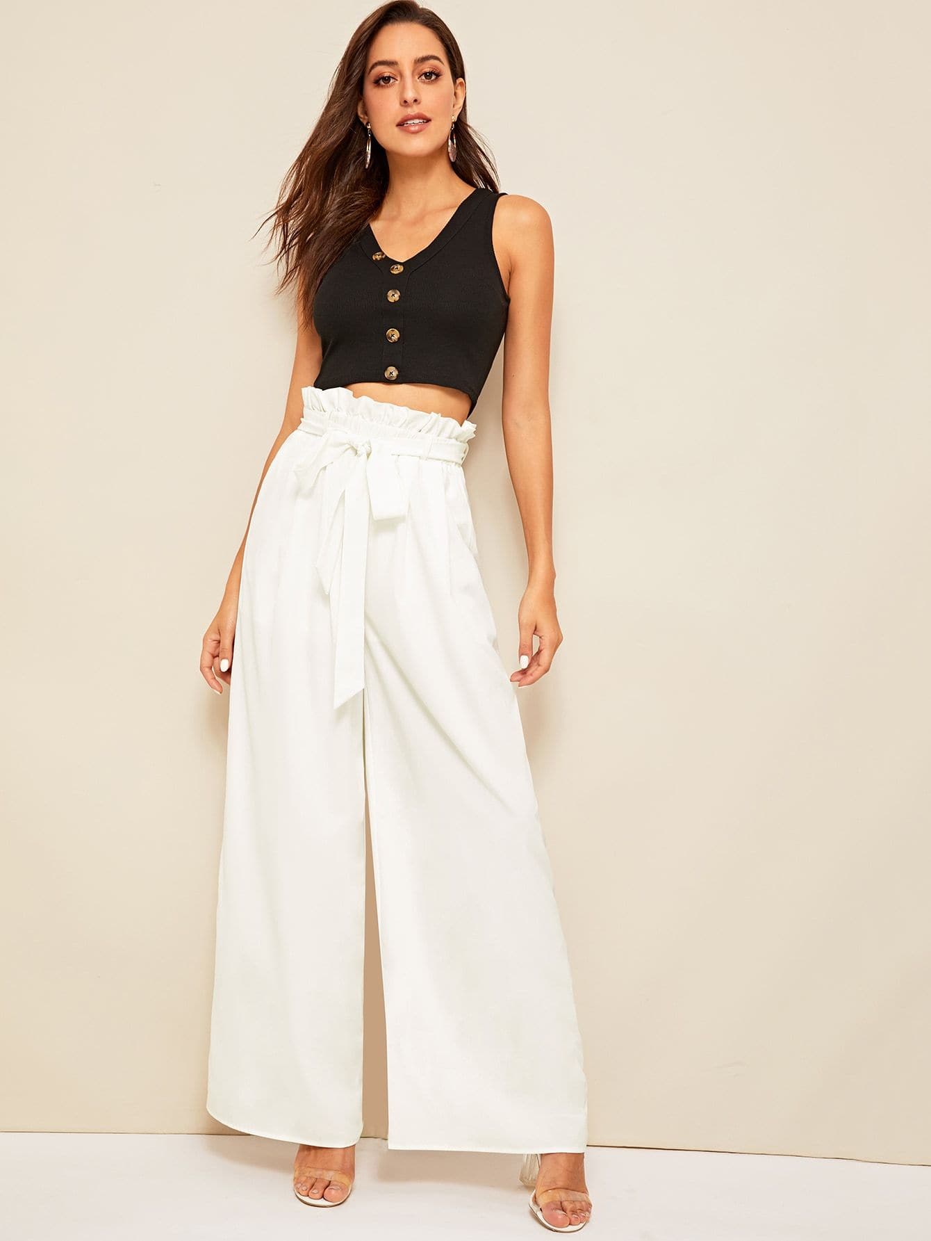 White Wide Leg Paperbag Waist Belted Palazzo Pants