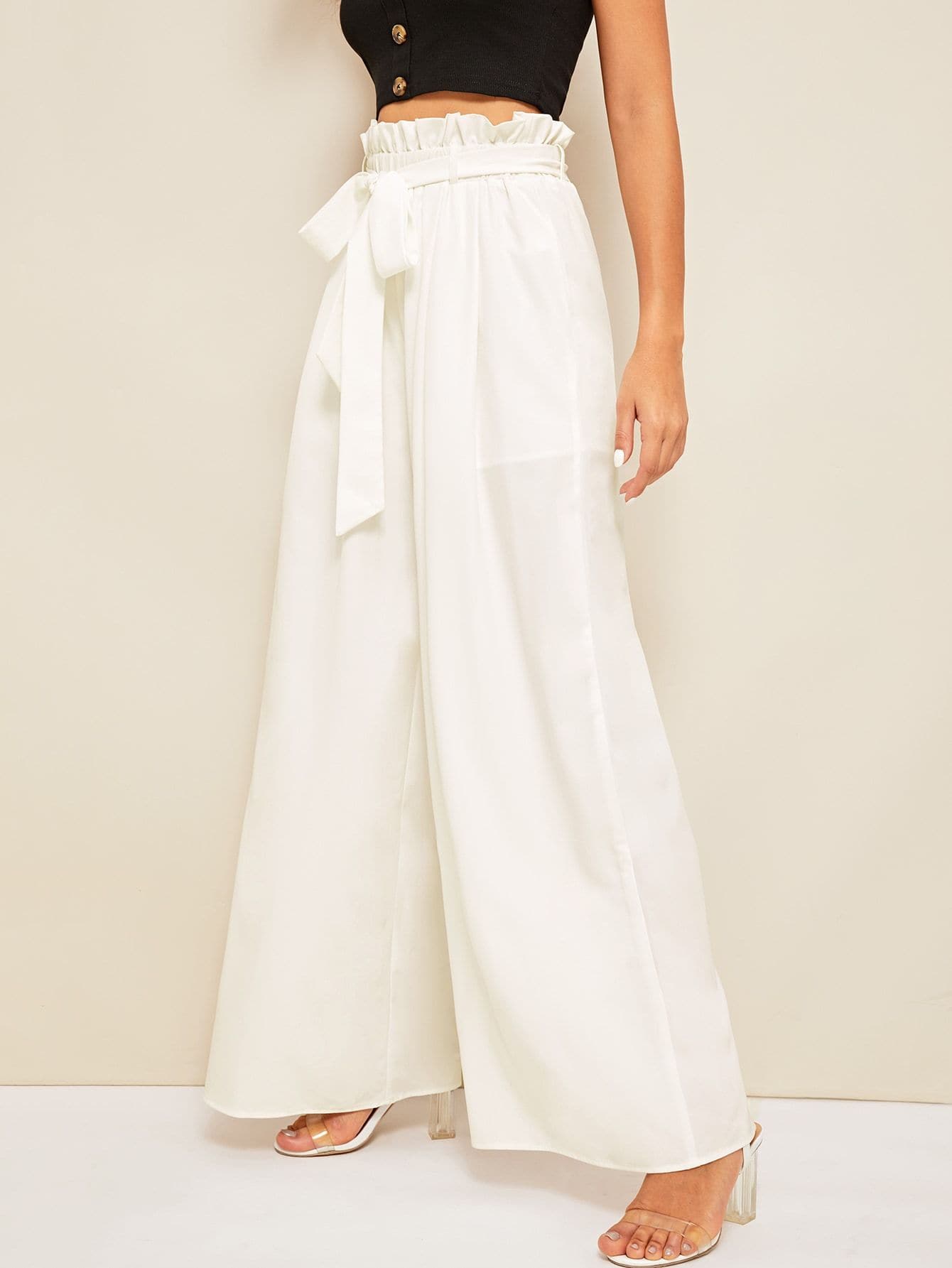 White Wide Leg Paperbag Waist Belted Palazzo Pants