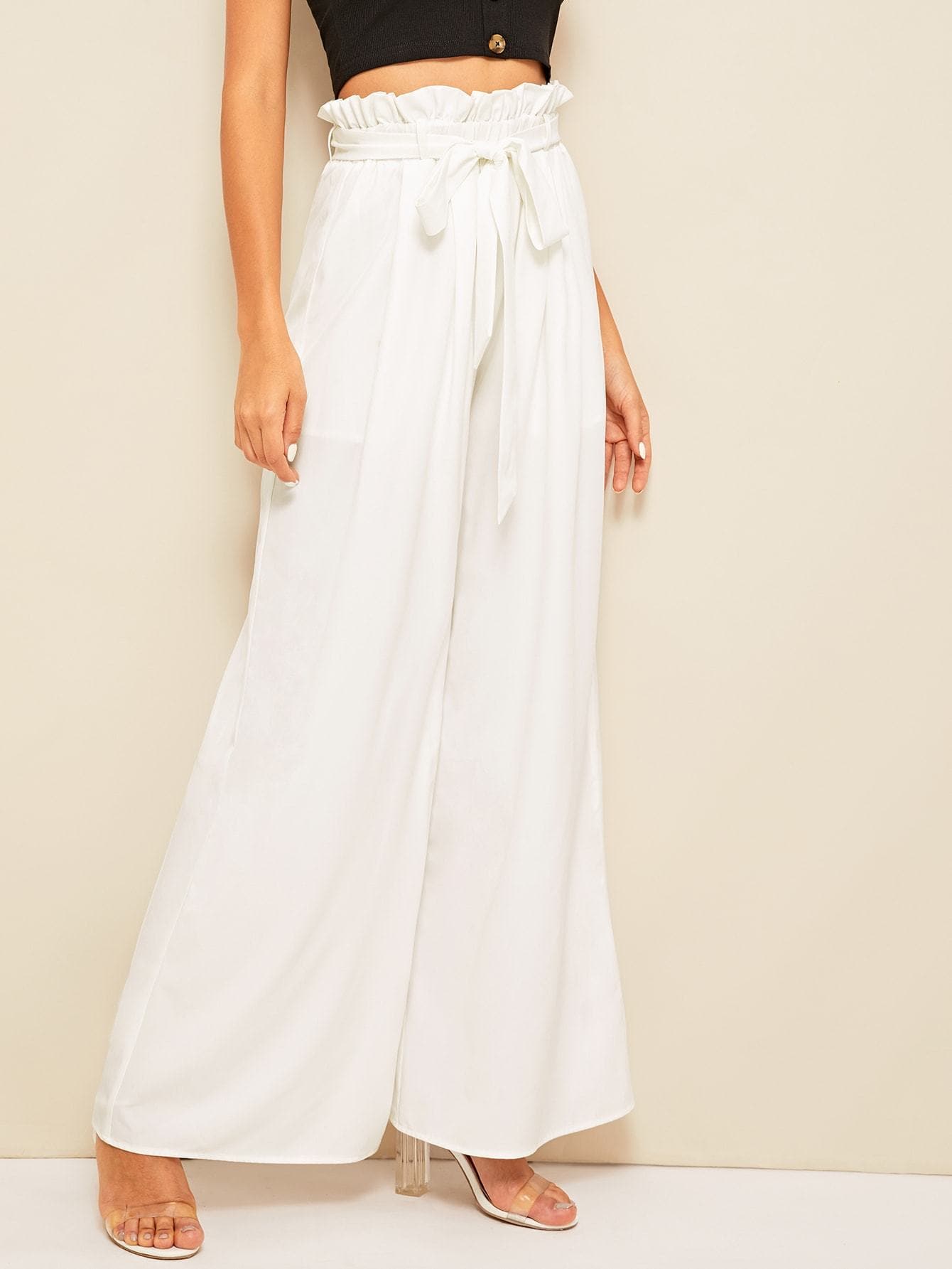White Wide Leg Paperbag Waist Belted Palazzo Pants