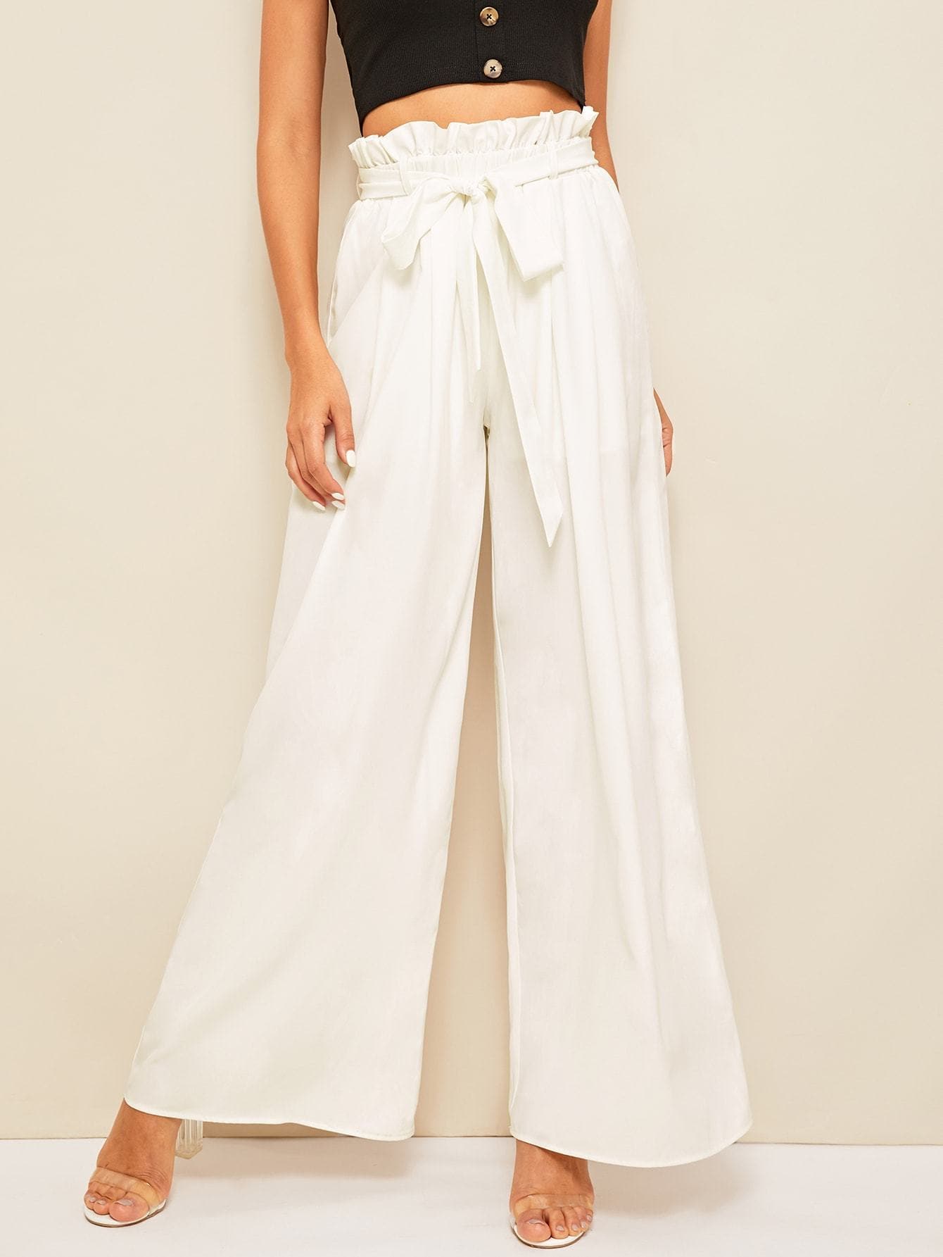 White Wide Leg Paperbag Waist Belted Palazzo Pants