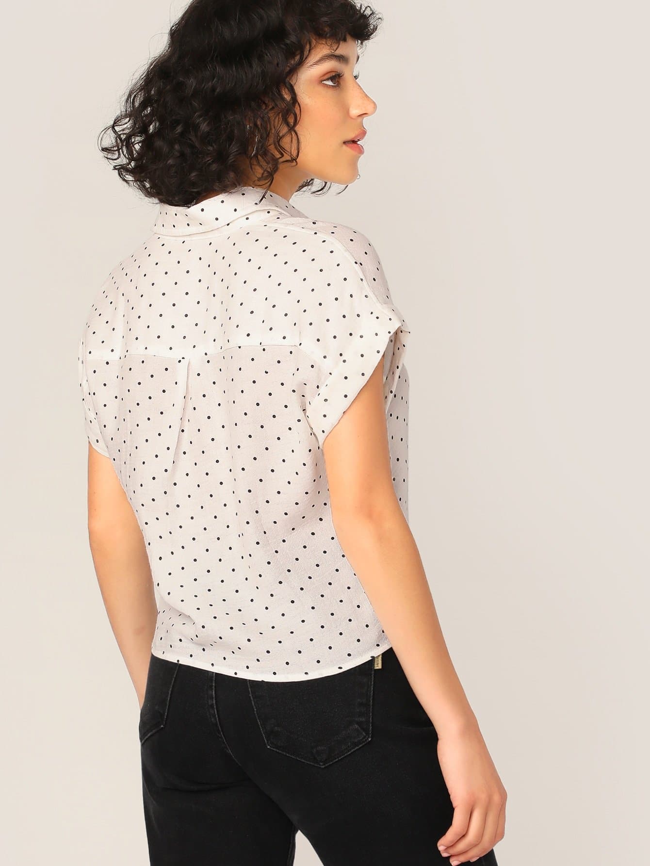 Black and White Button Front Tie Hem Cuff Sleeve Polka Dot Shirt
