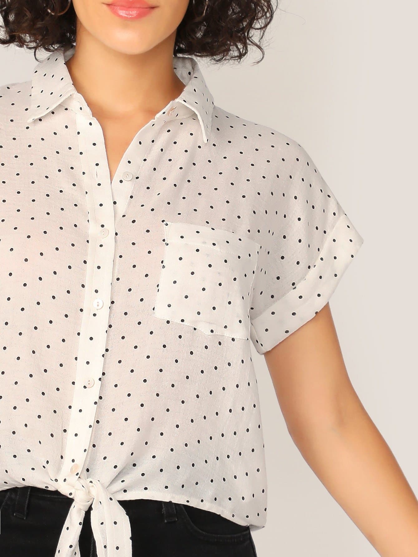 Black and White Button Front Tie Hem Cuff Sleeve Polka Dot Shirt