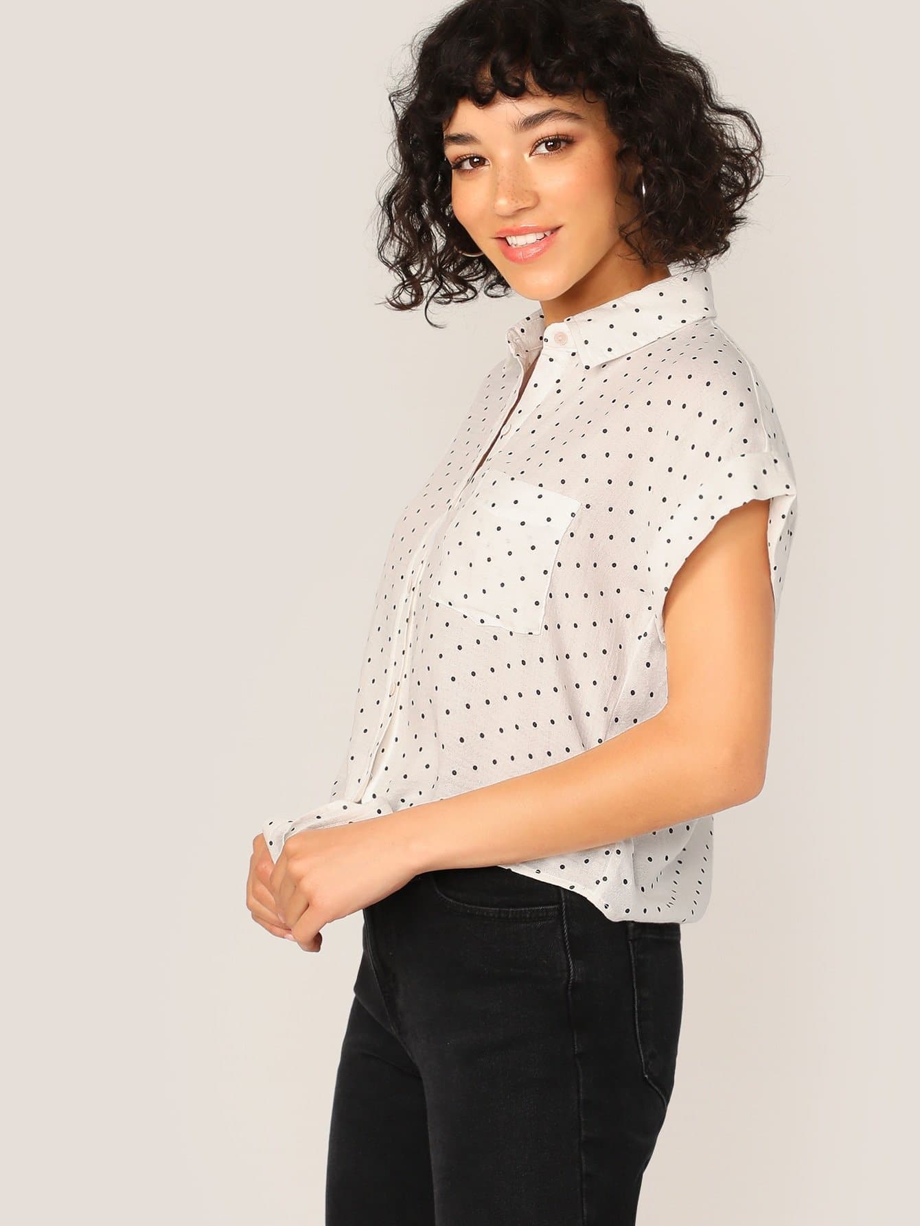 Black and White Button Front Tie Hem Cuff Sleeve Polka Dot Shirt