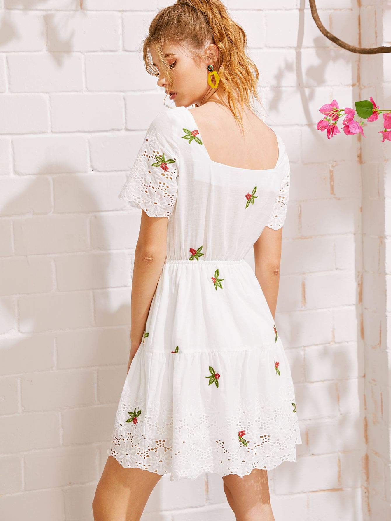 White Boho Eyelet Embroidery Square Neck Dress