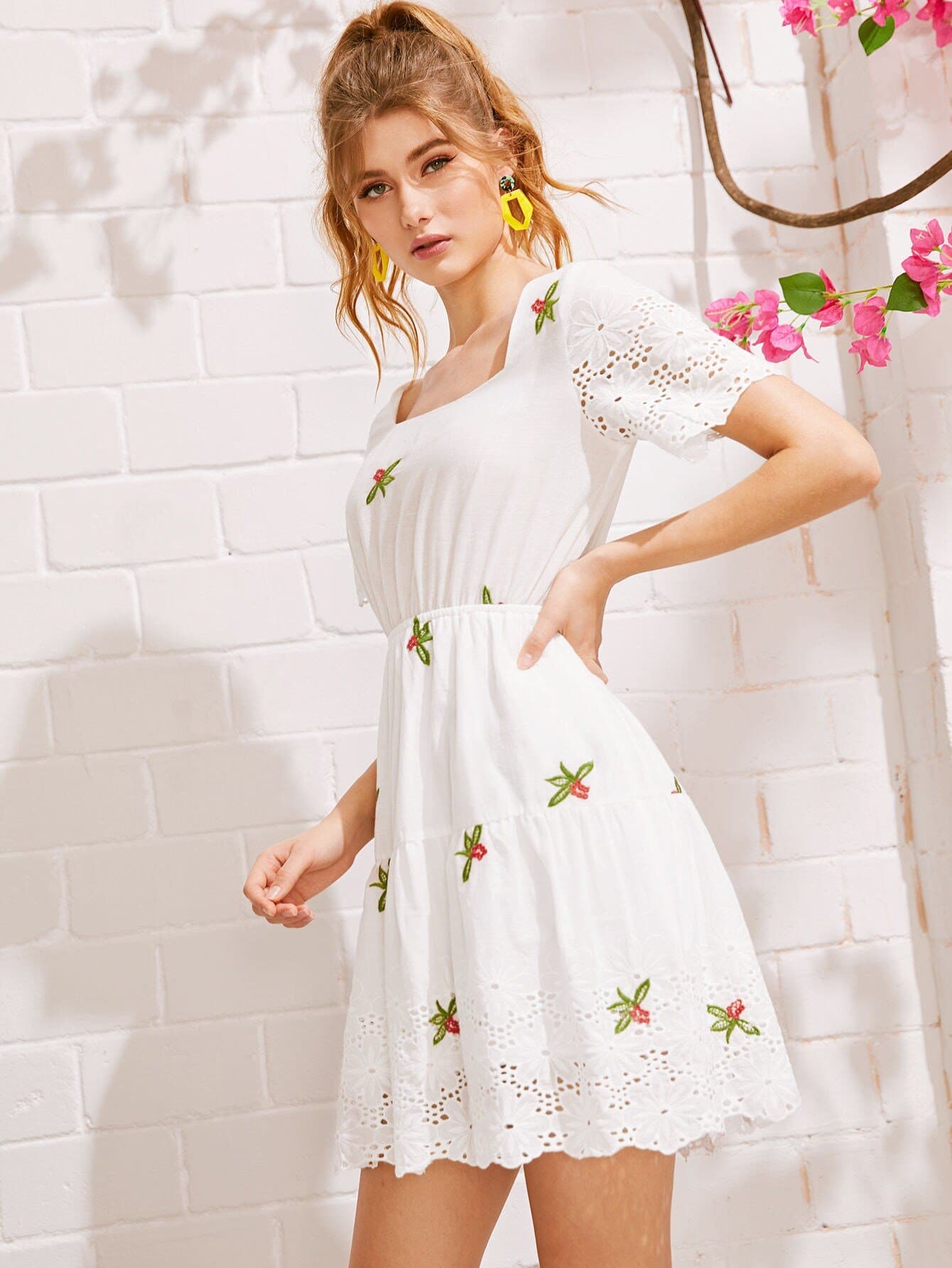 White Boho Eyelet Embroidery Square Neck Dress