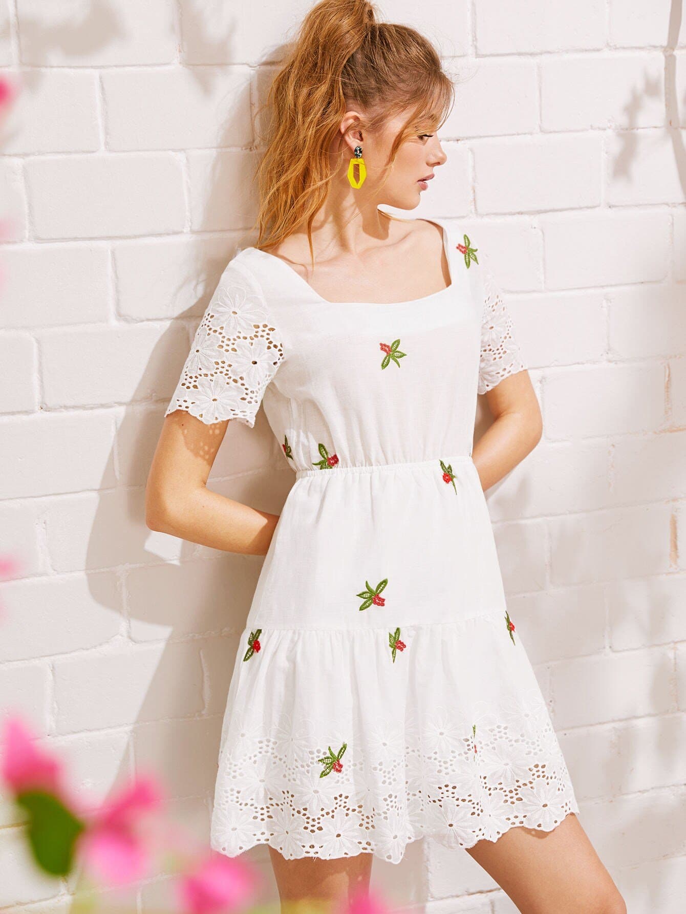 White Boho Eyelet Embroidery Square Neck Dress