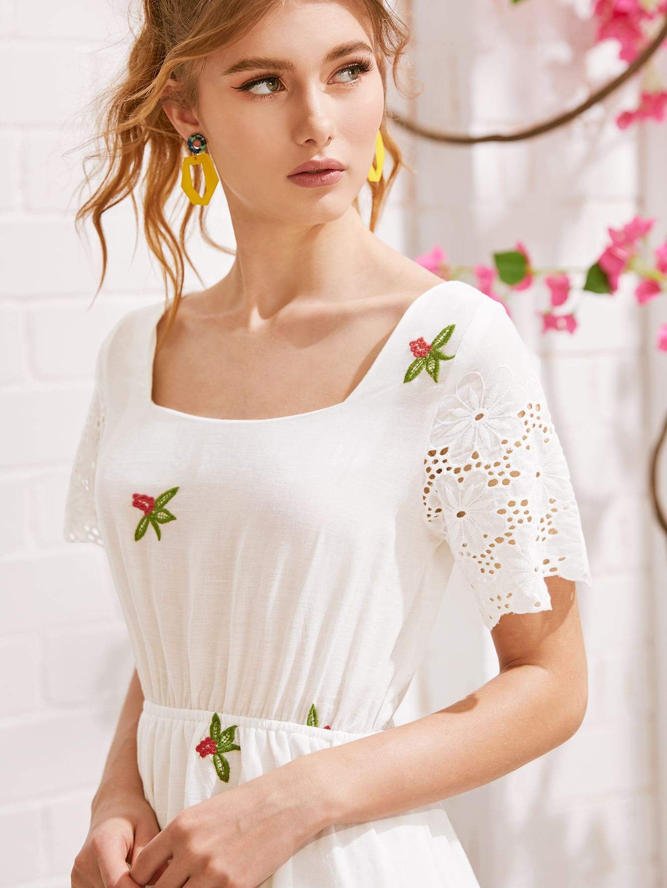 White Boho Eyelet Embroidery Square Neck Dress