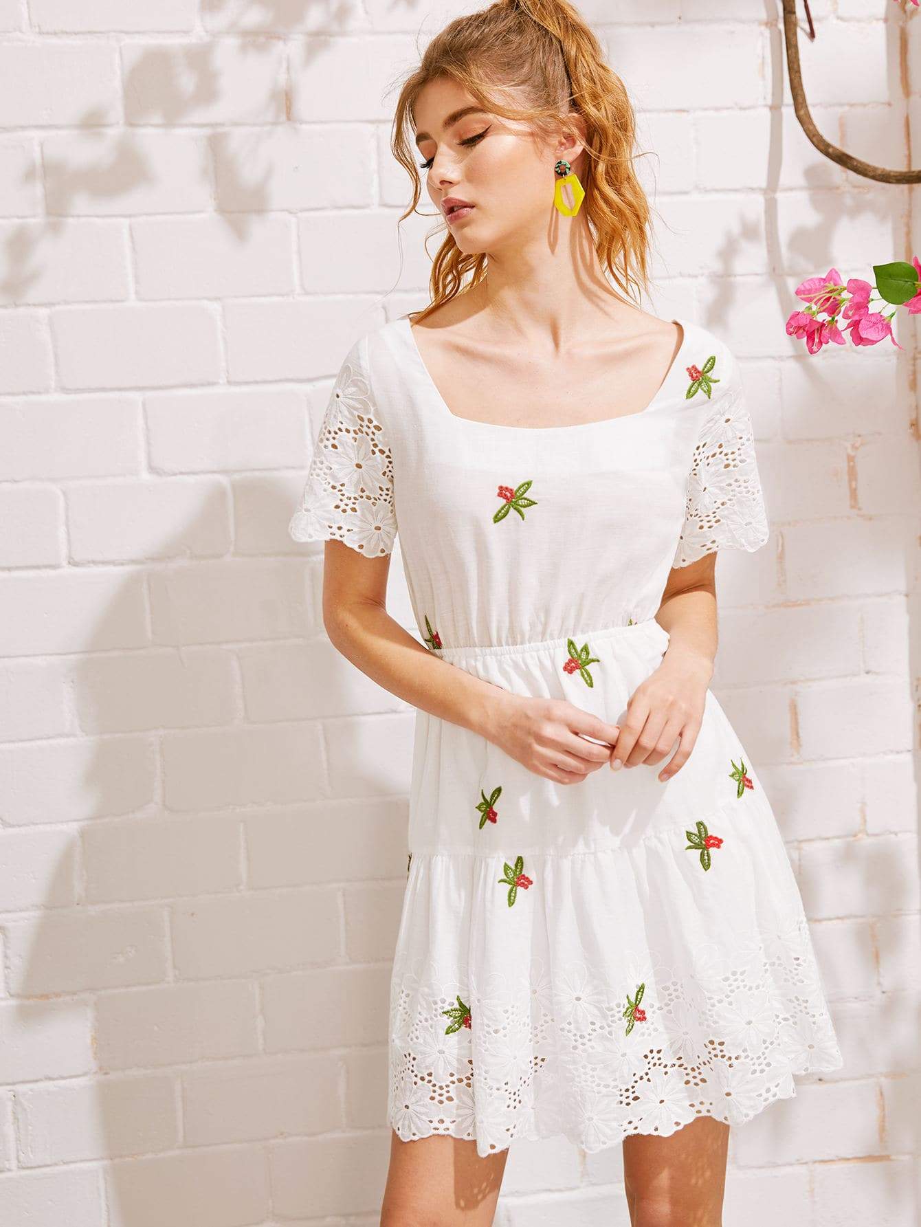 White Boho Eyelet Embroidery Square Neck Dress