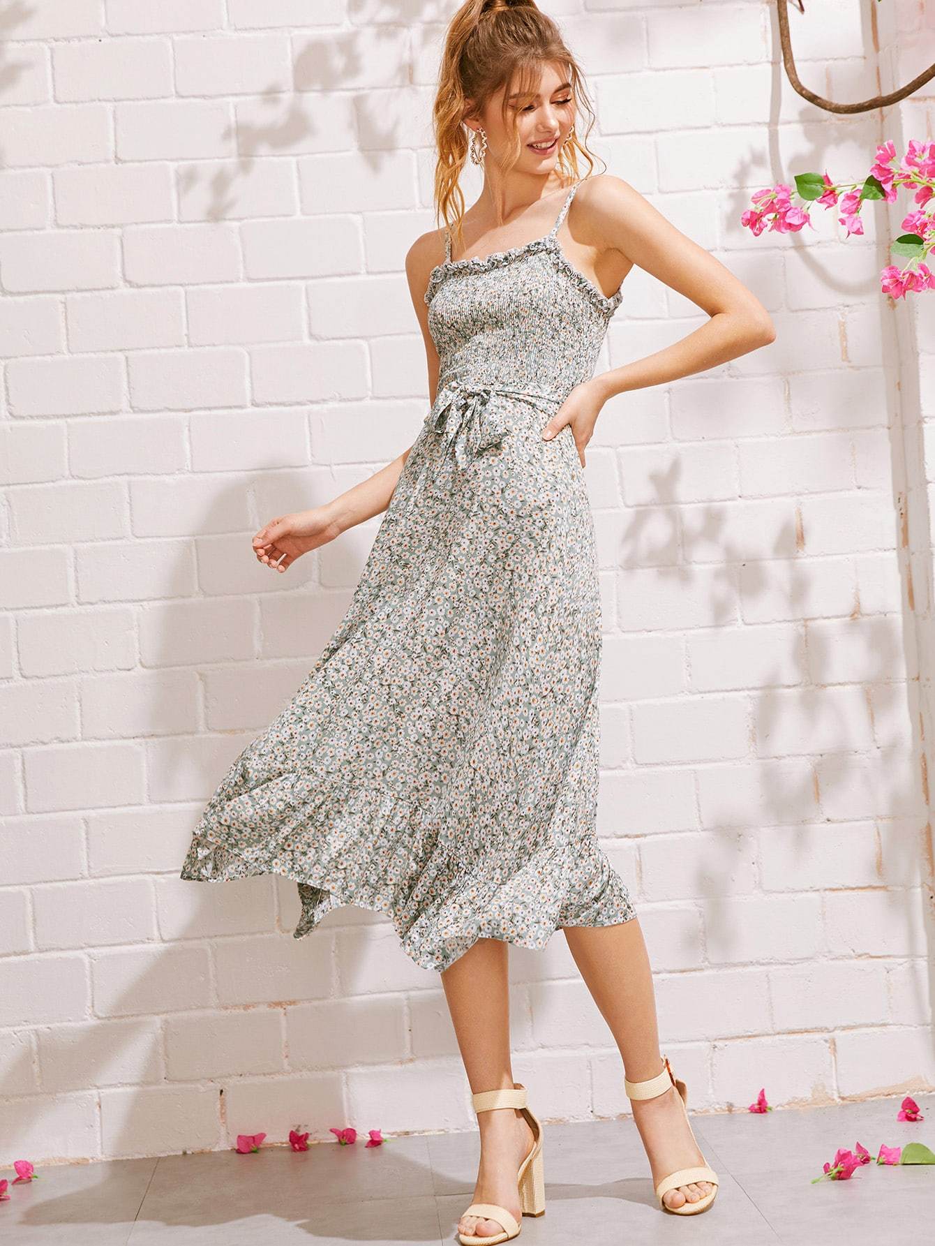 Boho Ditsy Floral Shirred Lettuce Frill Cami Dress