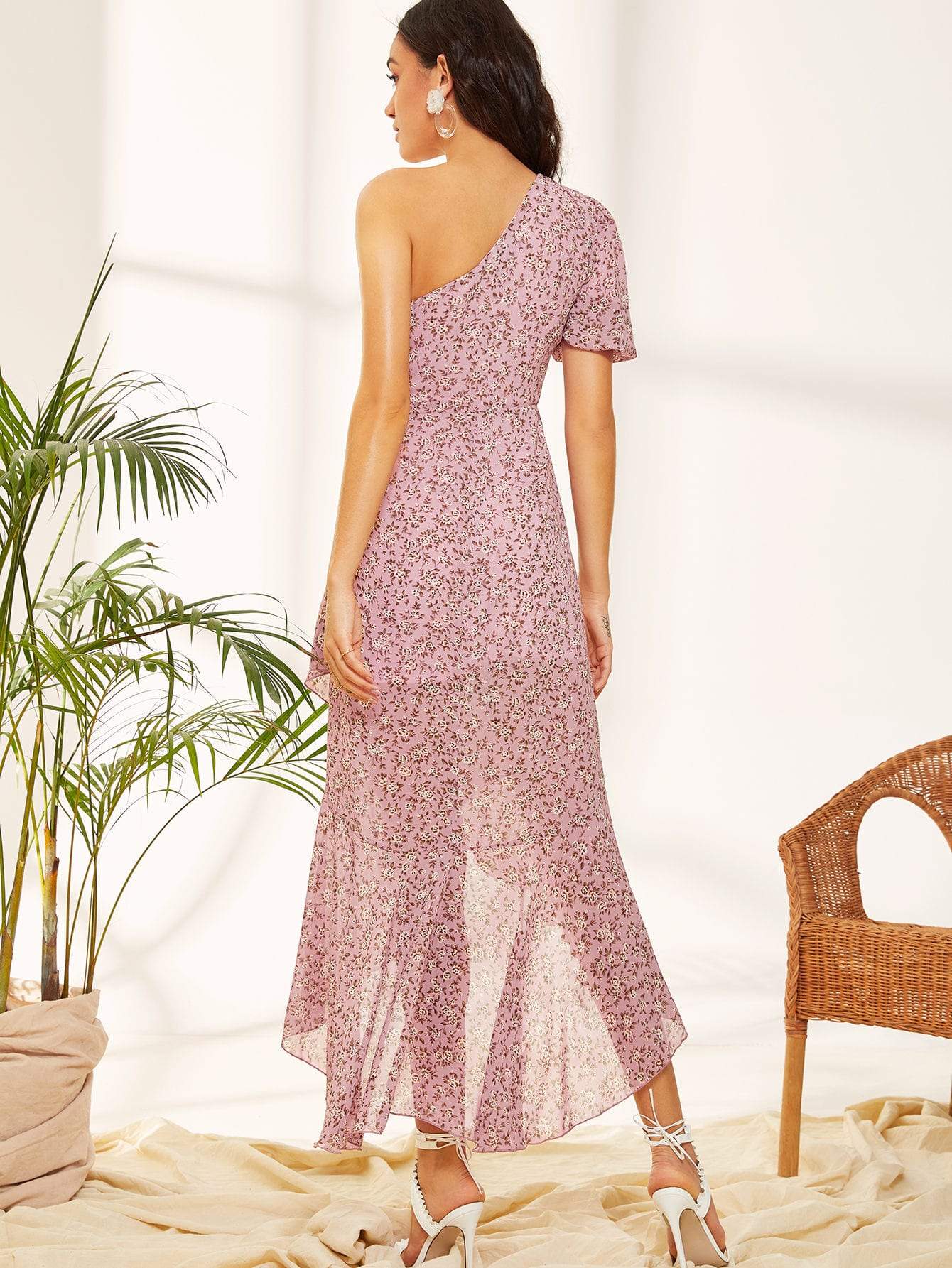 Pink Short Sleeve One Shoulder Ruffle Trim Dip Hem Ditsy Floral Dress