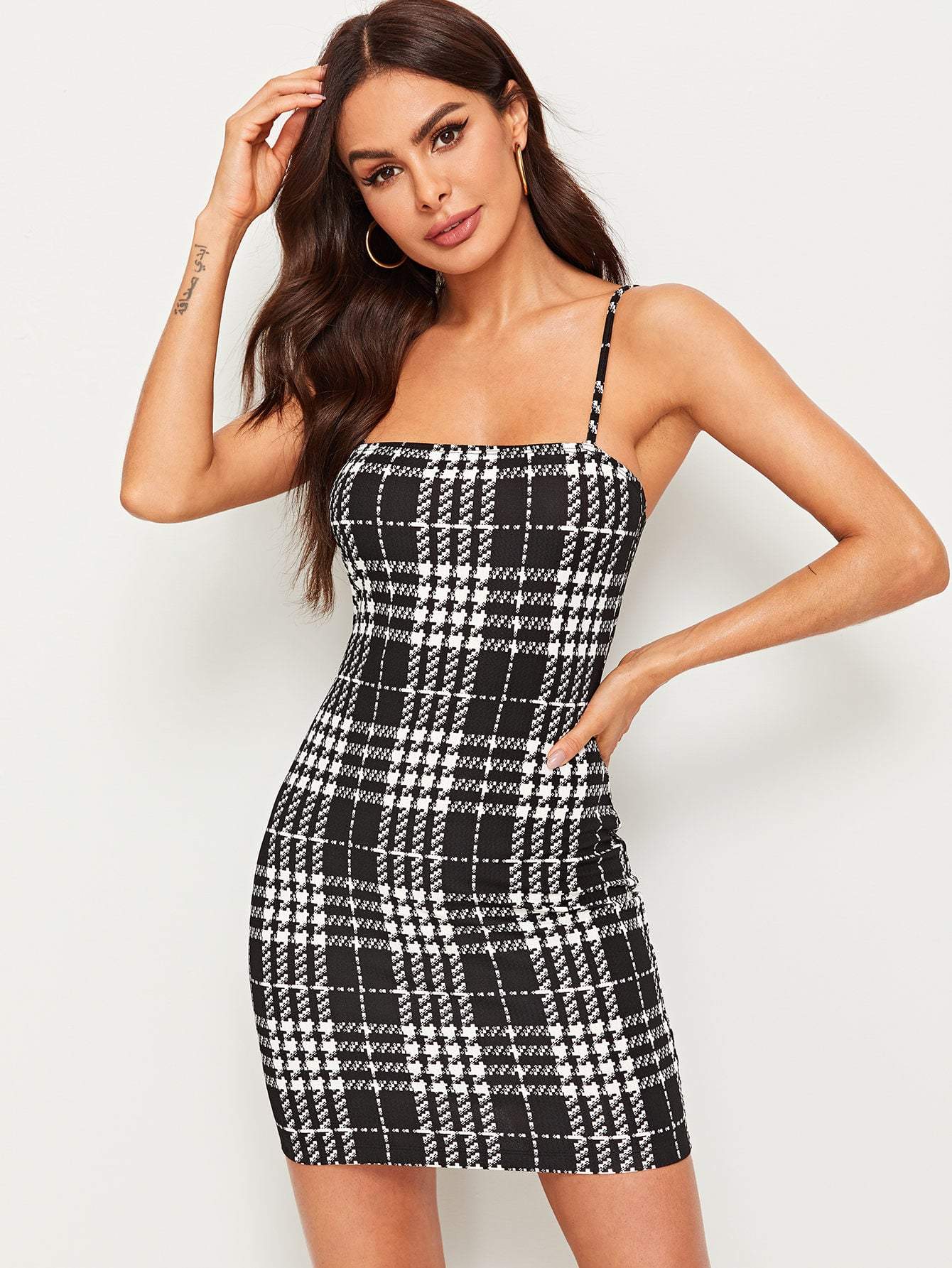 Sleeveless Spaghetti Strap Houndstooth Print Slip Pencil Dress