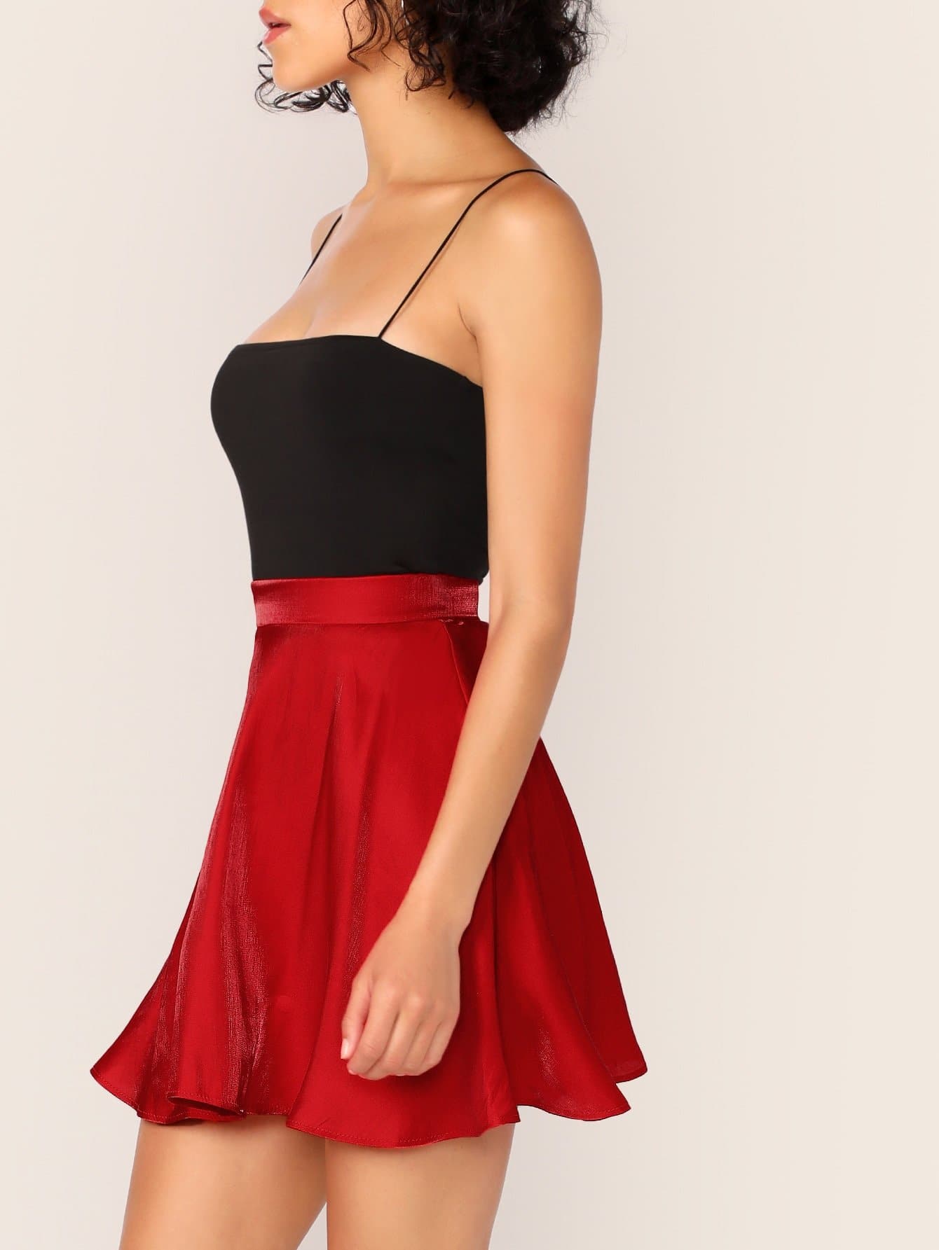 Short Wide Waistband Satin Skater Skirt