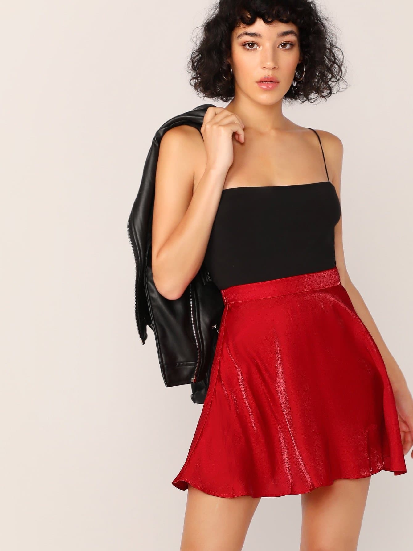 Short Wide Waistband Satin Skater Skirt