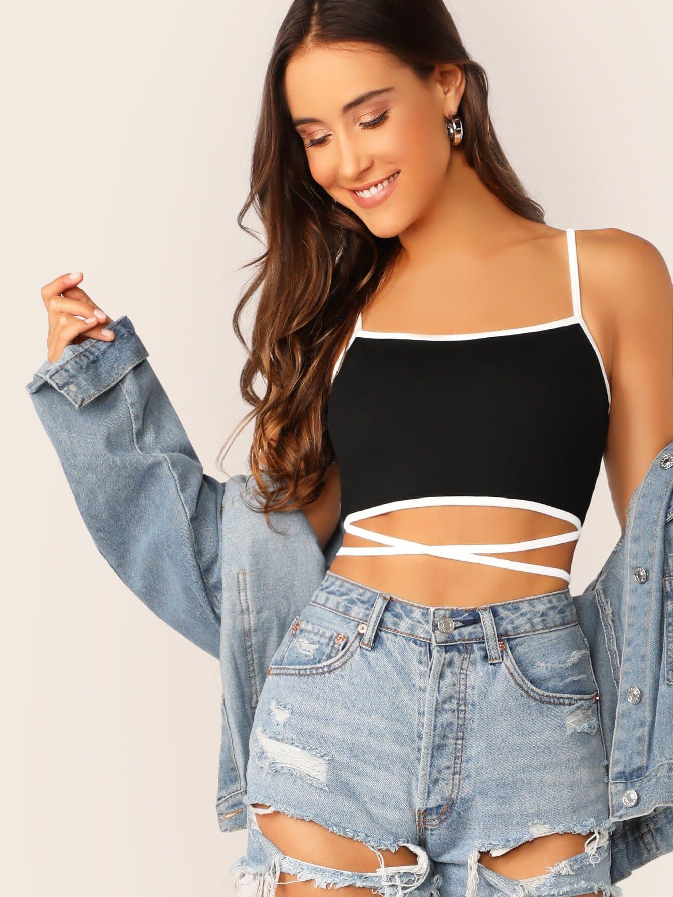 Black and White Spaghetti Strap Crop Tank Top With Wrap Detail