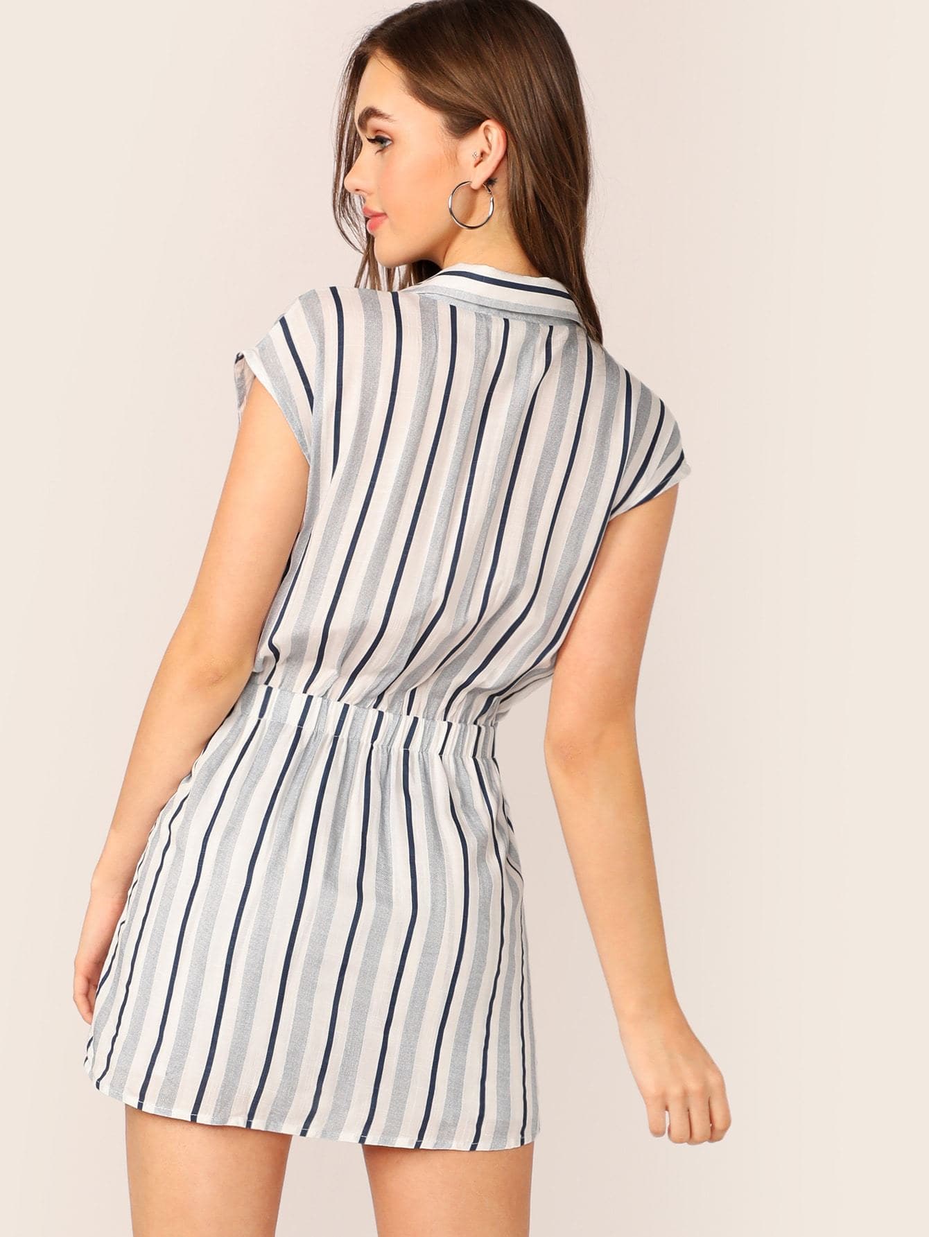 Mid Waist Twist V-Neck Front Short Sleeve Stripe Romper Jumpsuit