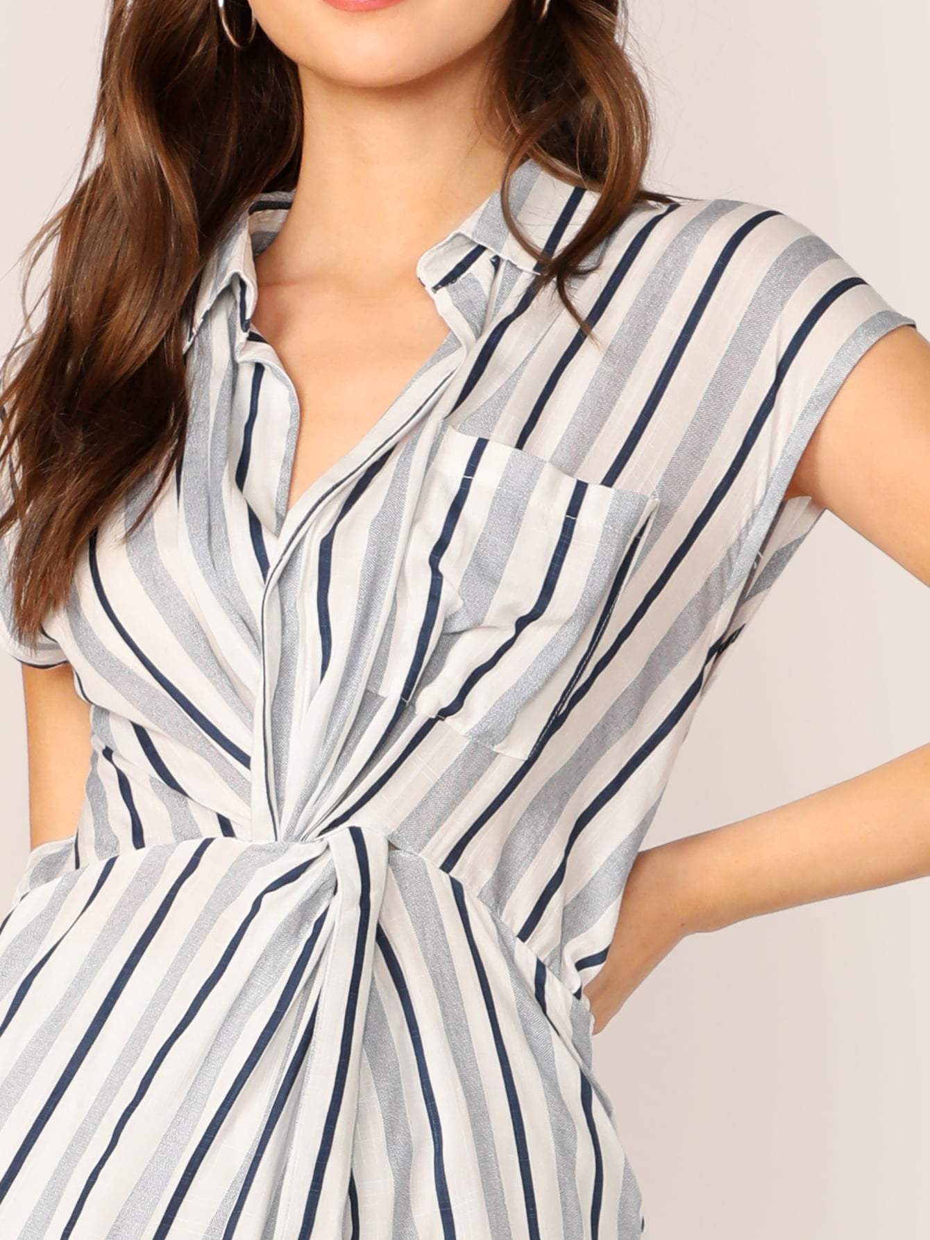 Mid Waist Twist V-Neck Front Short Sleeve Stripe Romper Jumpsuit