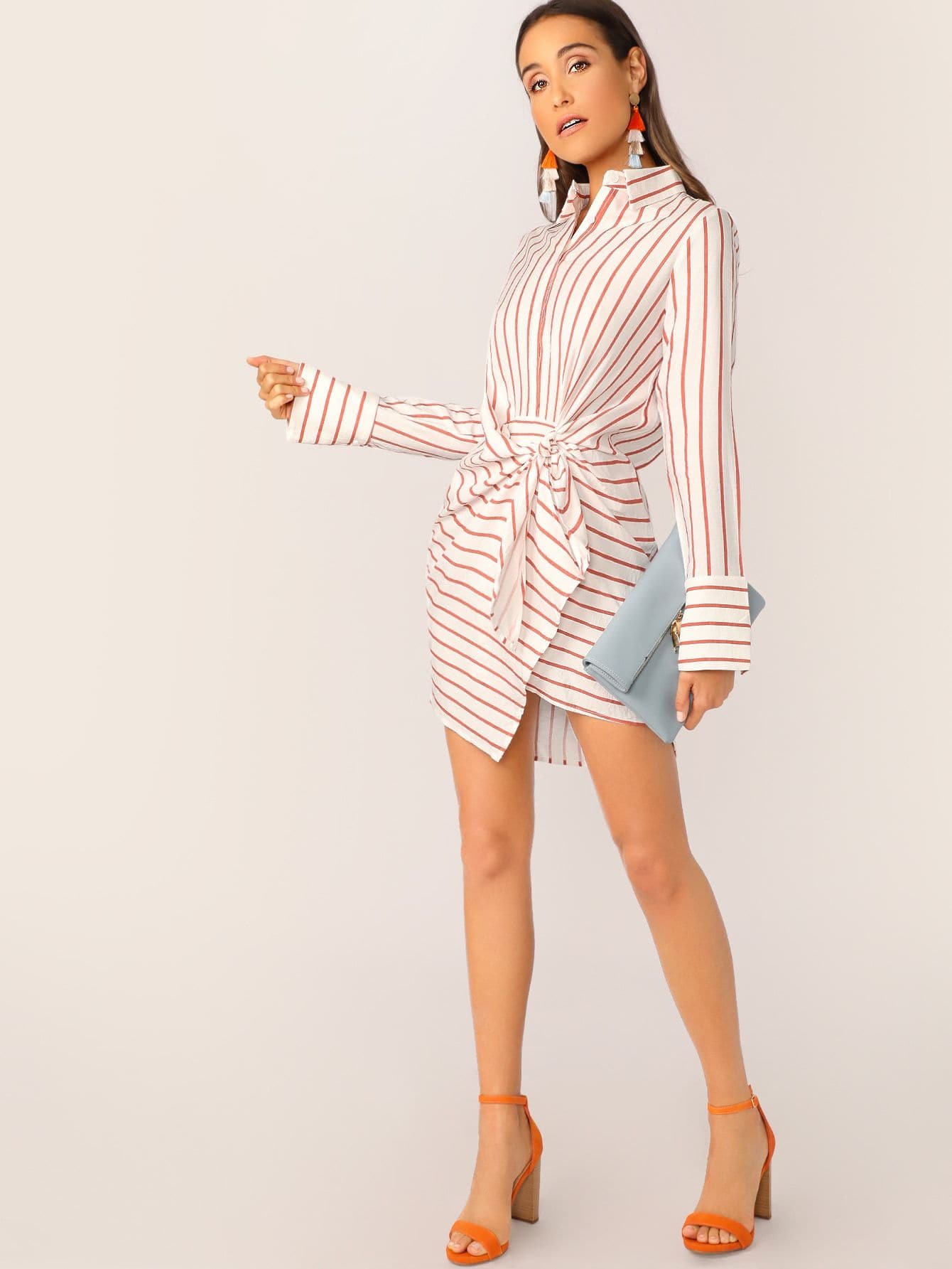 Twist Long Sleeve Stripe Boyfriend Shirt Dress