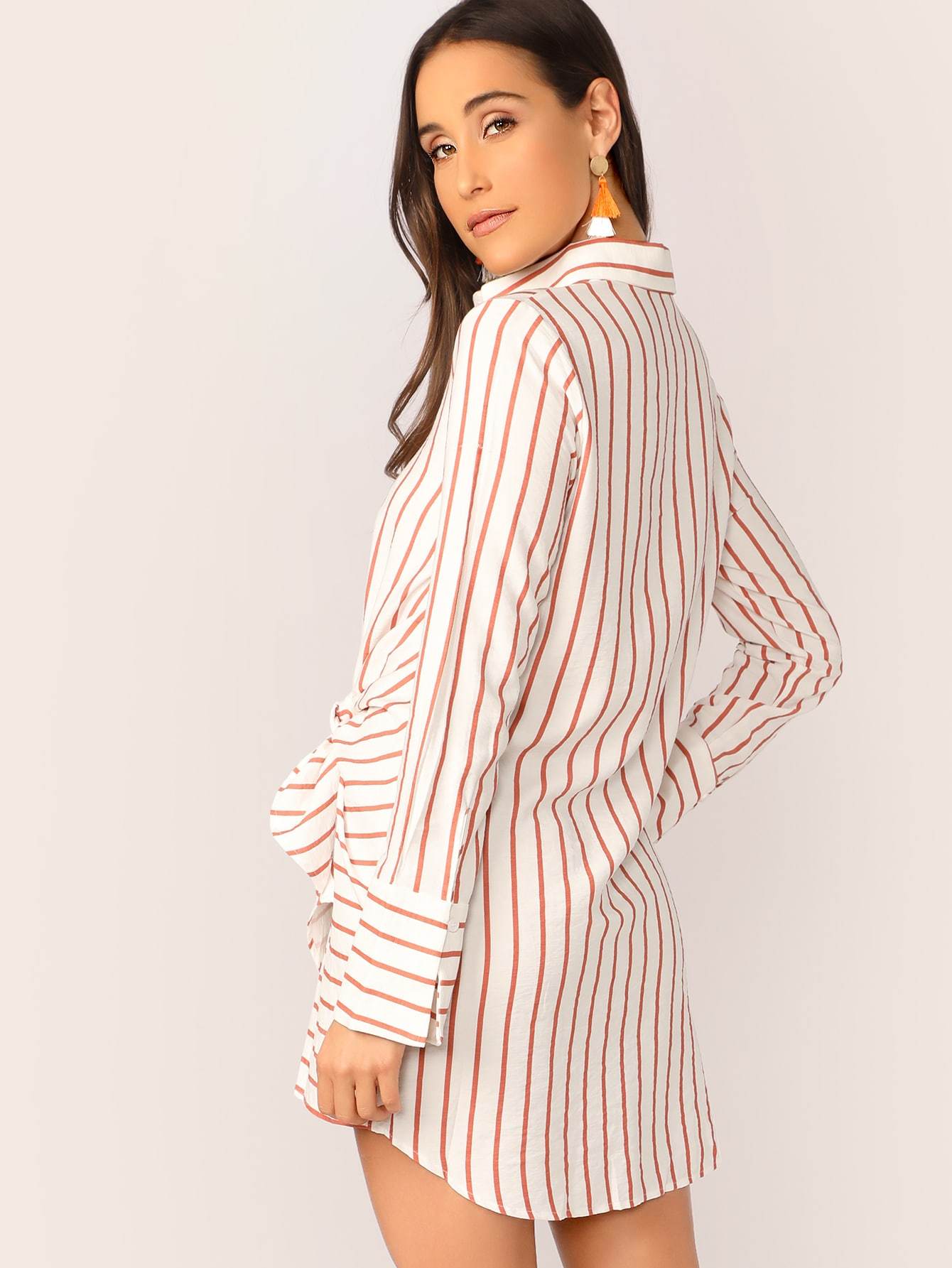 Twist Long Sleeve Stripe Boyfriend Shirt Dress