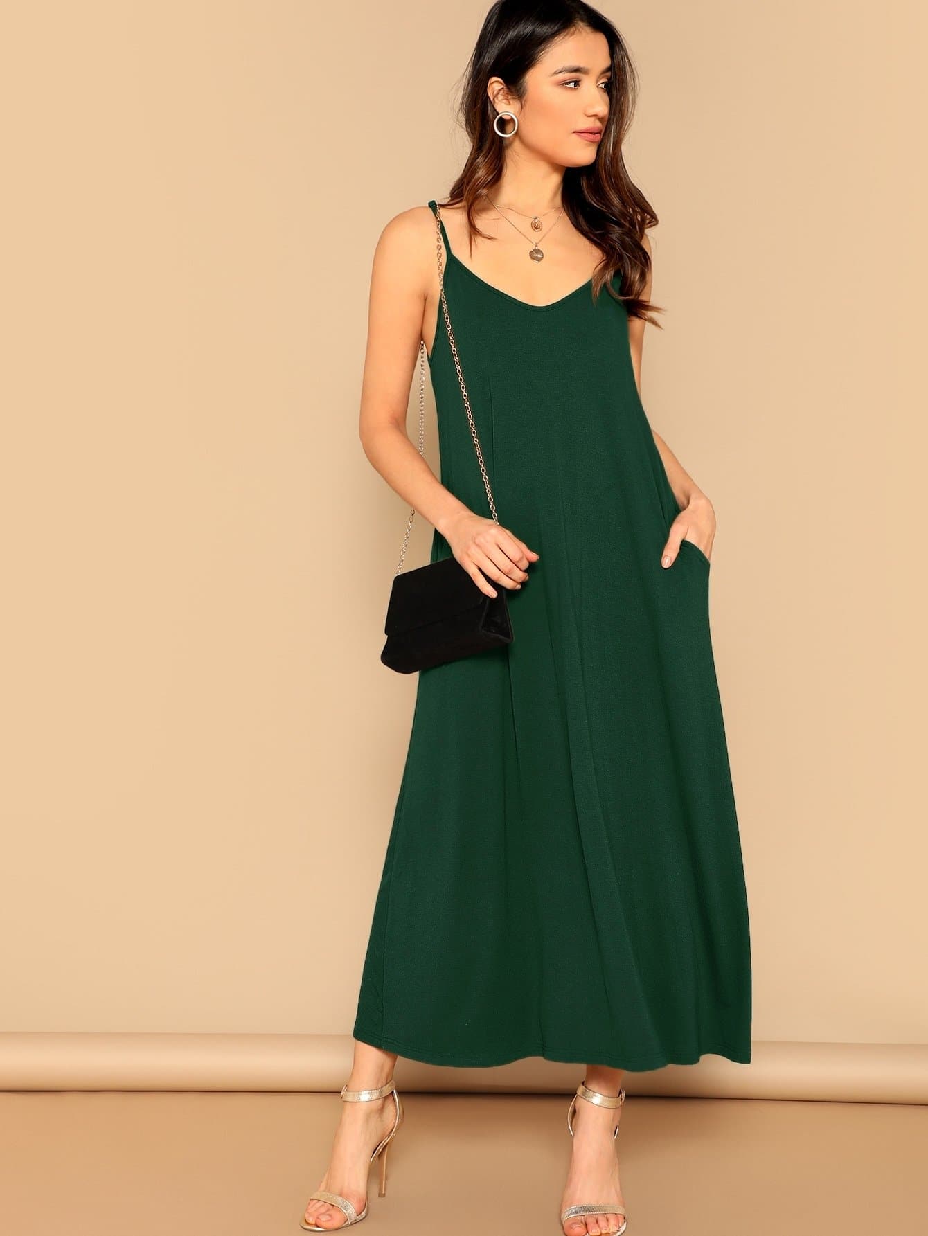 Sleeveless Spaghetti Strap Pocket Patched Swing Cami Dress
