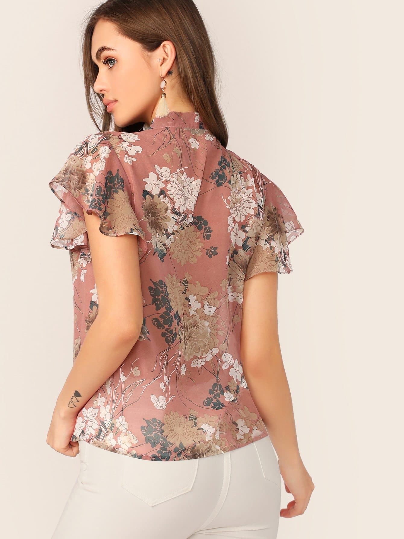 Pastel Pink Tie Neck Flutter Sleeve Floral Print Top