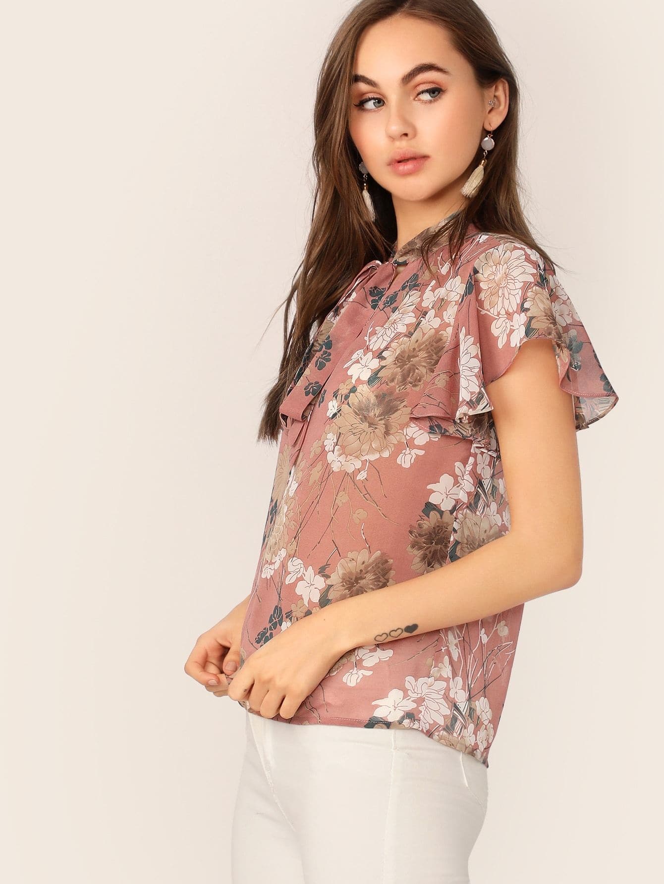 Pastel Pink Tie Neck Flutter Sleeve Floral Print Top