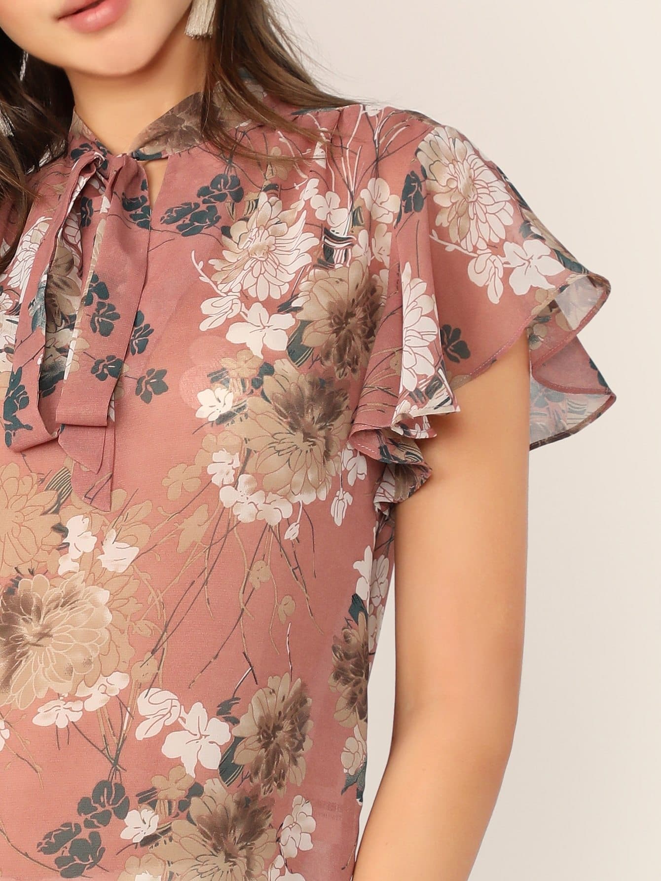 Pastel Pink Tie Neck Flutter Sleeve Floral Print Top