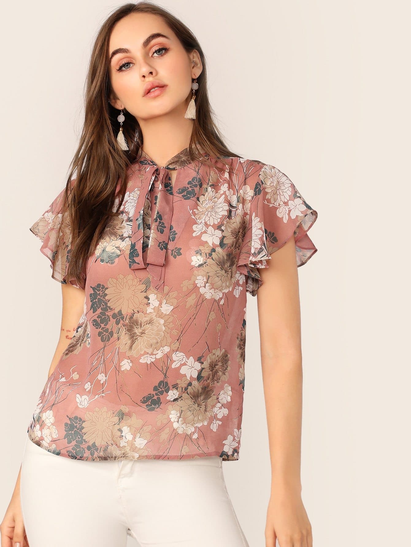 Pastel Pink Tie Neck Flutter Sleeve Floral Print Top