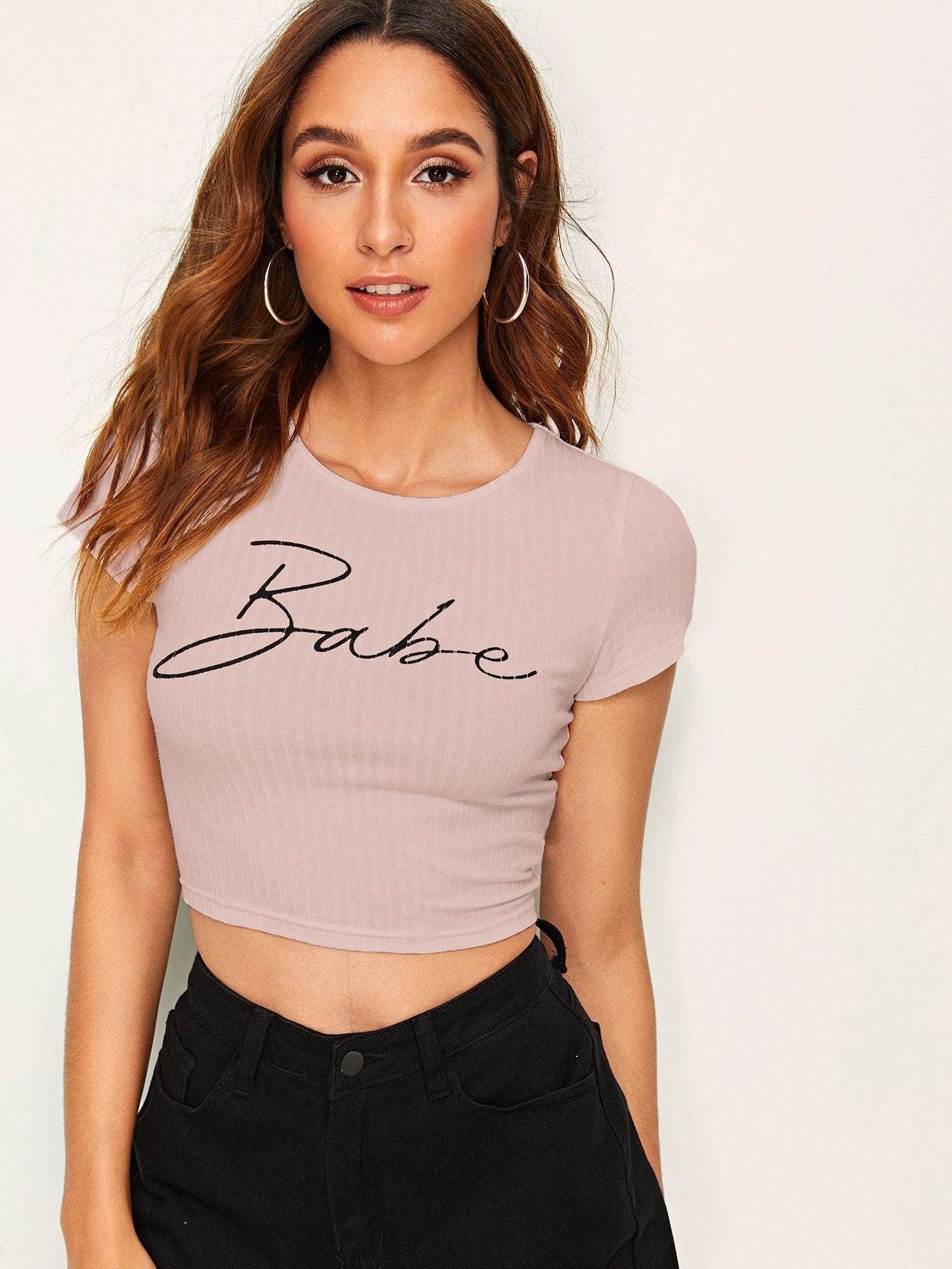 Slim Fit Cap Sleeve Round Neck Letter Print Rib-knit Crop Top