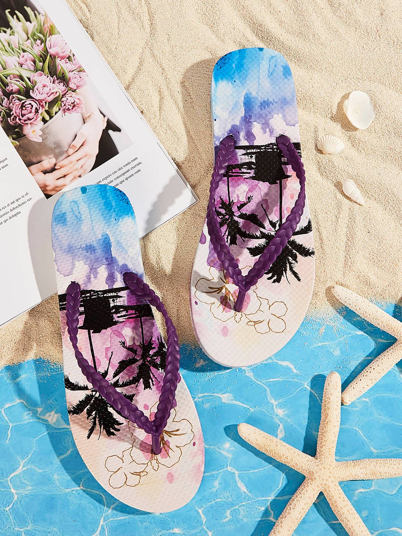 Tropical Palm Tree Print Toe Post Slippers