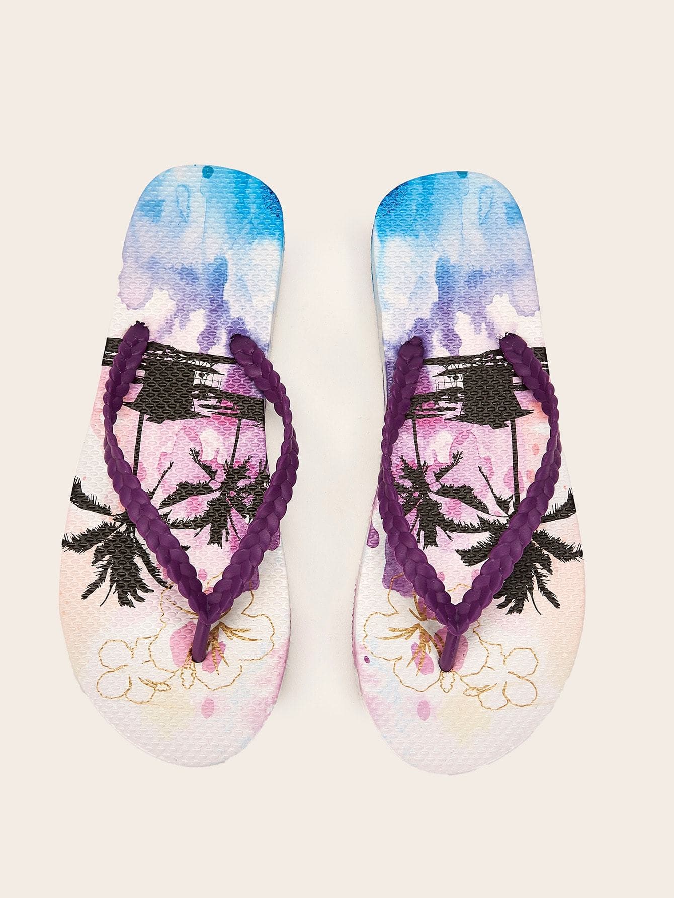 Tropical Palm Tree Print Toe Post Slippers