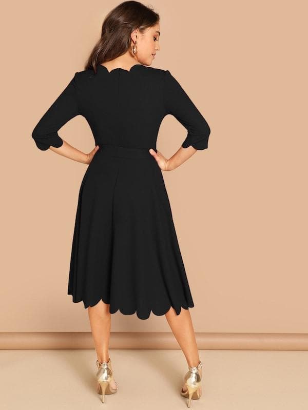 Round NeckThree Quarter Sleeve Scallop Trim Belted Fit & Flare Dress