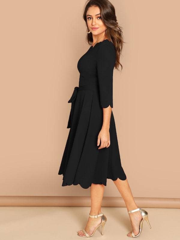 Round NeckThree Quarter Sleeve Scallop Trim Belted Fit & Flare Dress