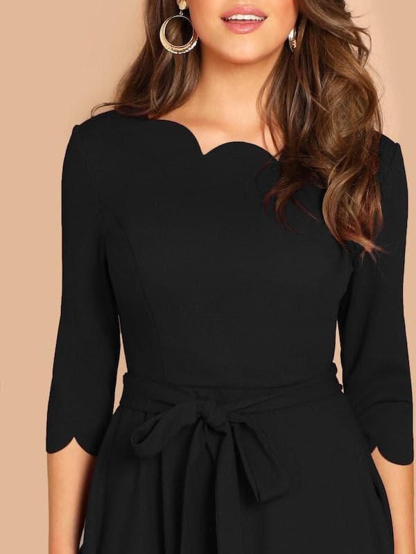 Round NeckThree Quarter Sleeve Scallop Trim Belted Fit & Flare Dress