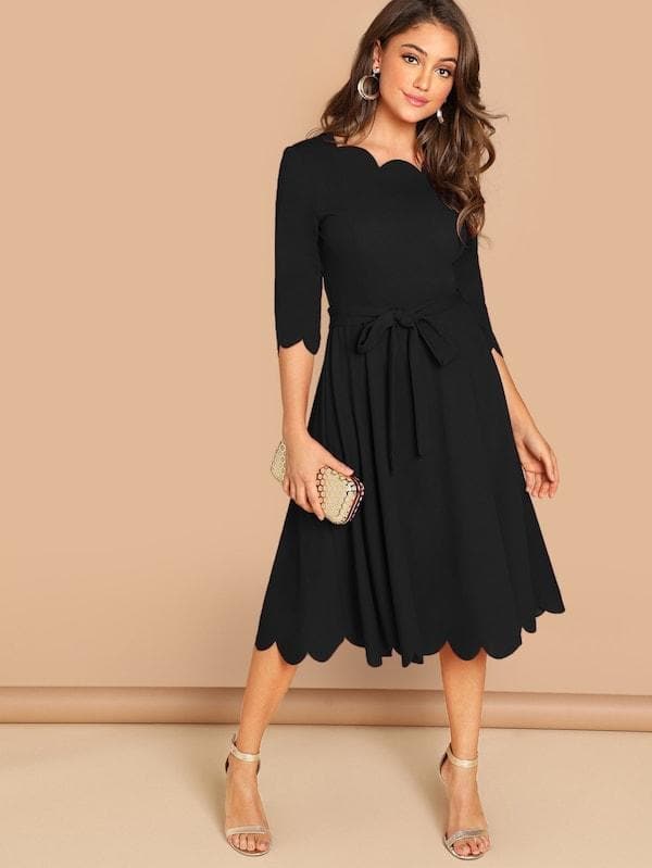 Round NeckThree Quarter Sleeve Scallop Trim Belted Fit & Flare Dress