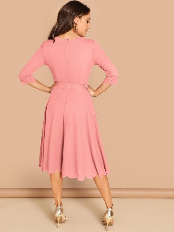 Round NeckThree Quarter Sleeve Scallop Trim Belted Fit & Flare Dress