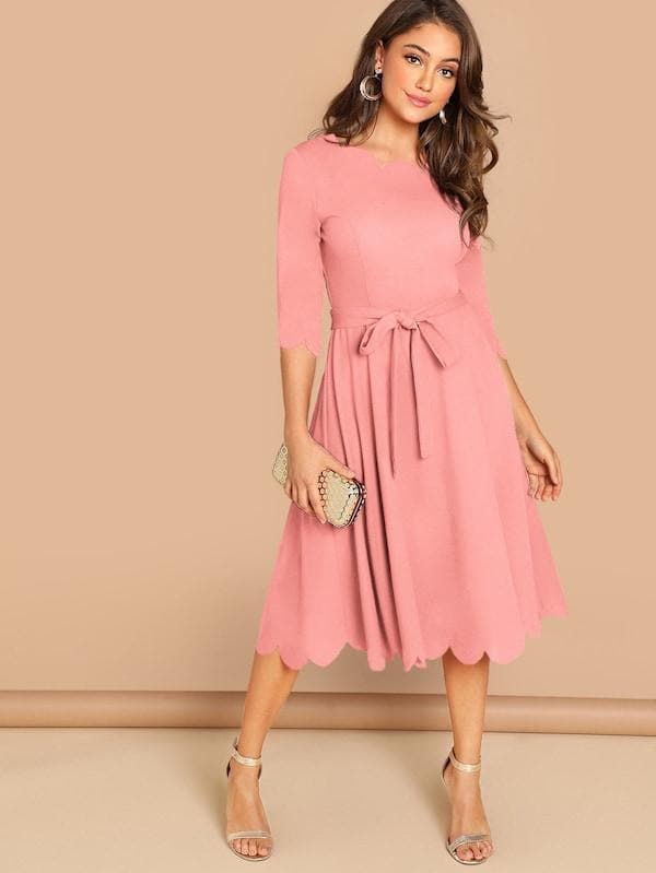 Round NeckThree Quarter Sleeve Scallop Trim Belted Fit & Flare Dress