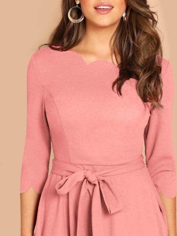 Round NeckThree Quarter Sleeve Scallop Trim Belted Fit & Flare Dress