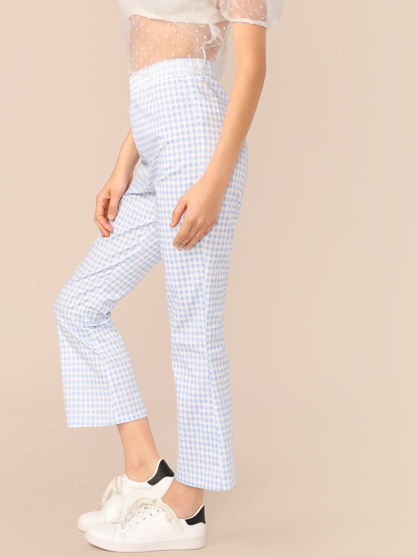 Pastel Blue Flare Leg Elastic Waist Gingham Crop Pants