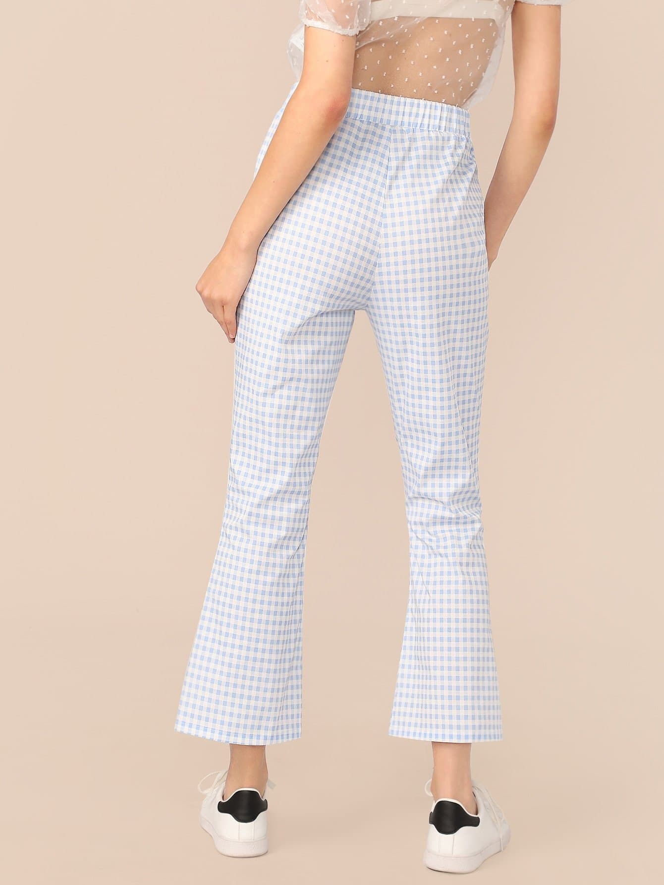 Pastel Blue Flare Leg Elastic Waist Gingham Crop Pants