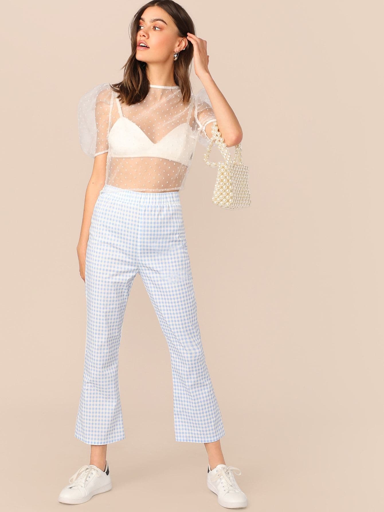 Pastel Blue Flare Leg Elastic Waist Gingham Crop Pants