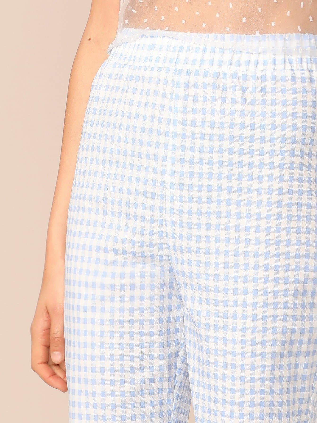 Pastel Blue Flare Leg Elastic Waist Gingham Crop Pants