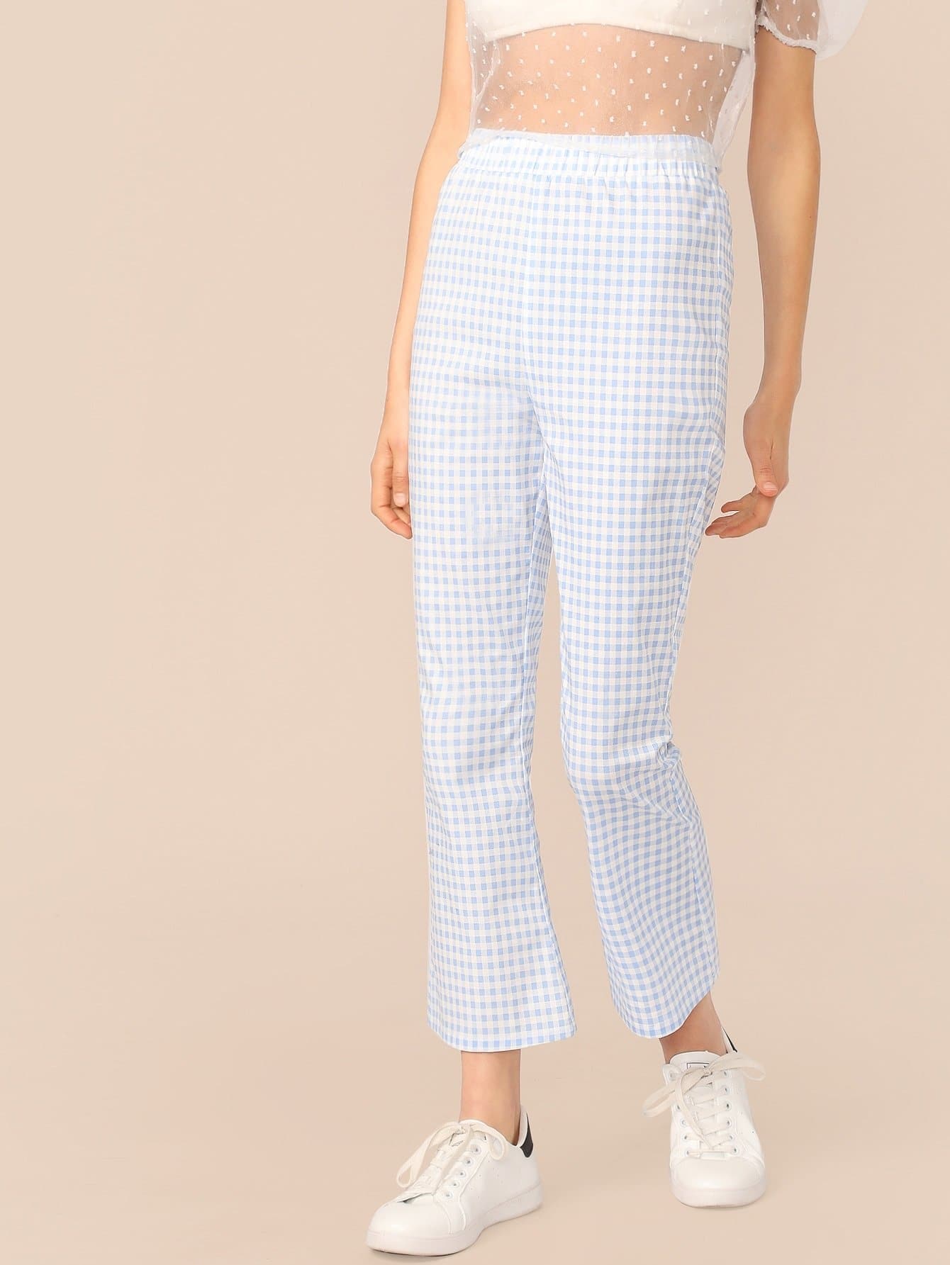 Pastel Blue Flare Leg Elastic Waist Gingham Crop Pants