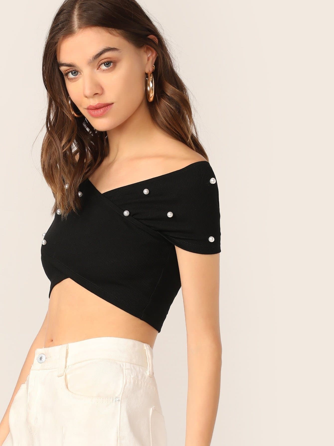 Black Asymmetrical Slim Fit Off Shoulder Pearl Beading Cross Wrap Rib-knit Crop Top