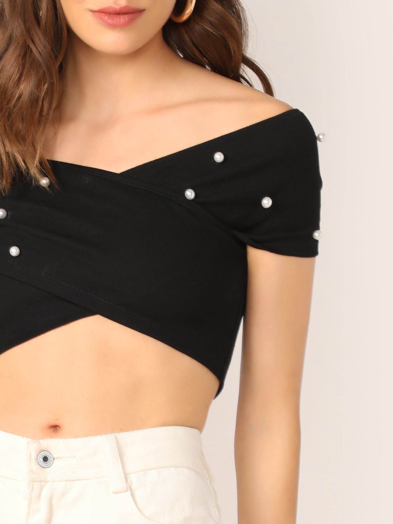 Black Asymmetrical Slim Fit Off Shoulder Pearl Beading Cross Wrap Rib-knit Crop Top