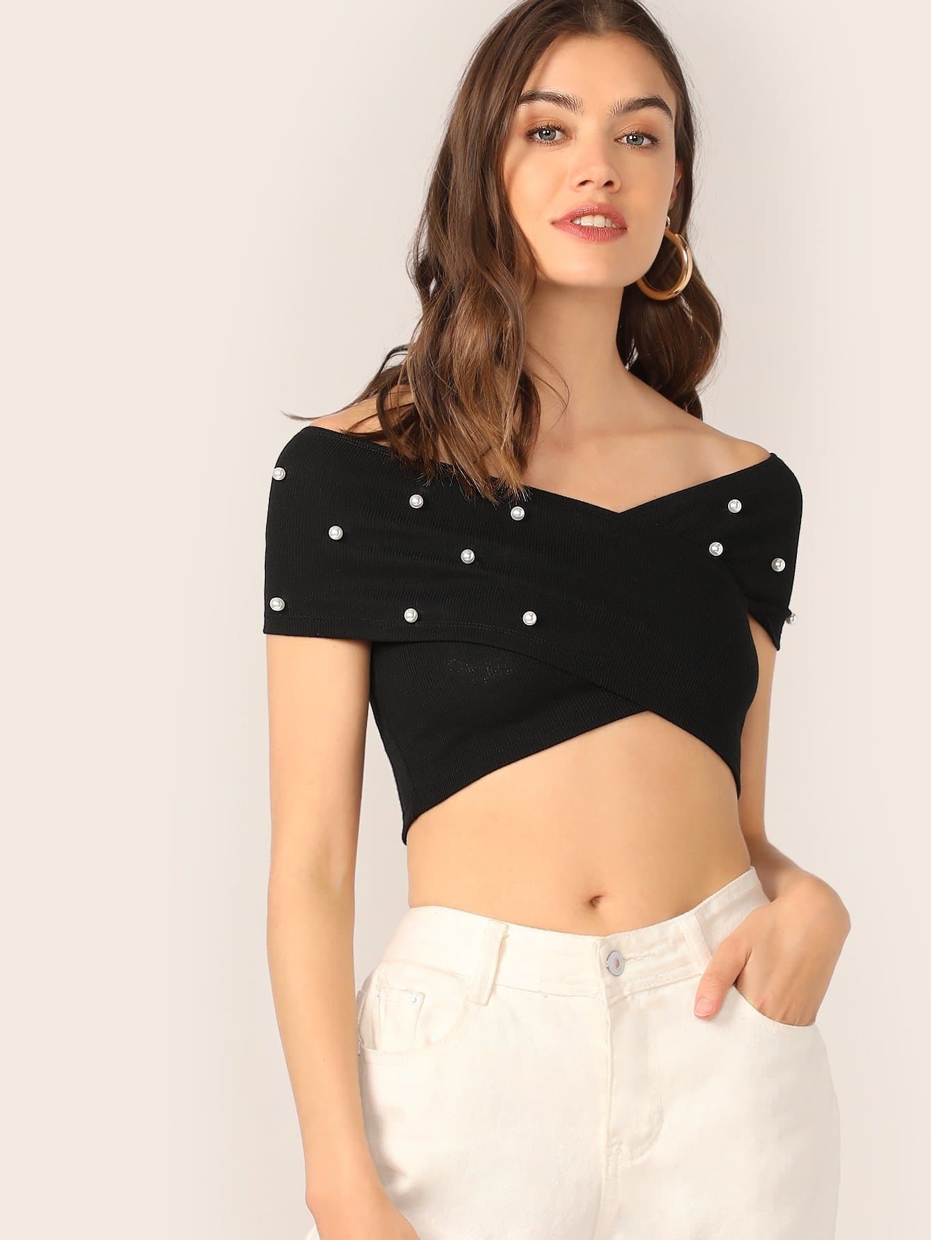 Black Asymmetrical Slim Fit Off Shoulder Pearl Beading Cross Wrap Rib-knit Crop Top