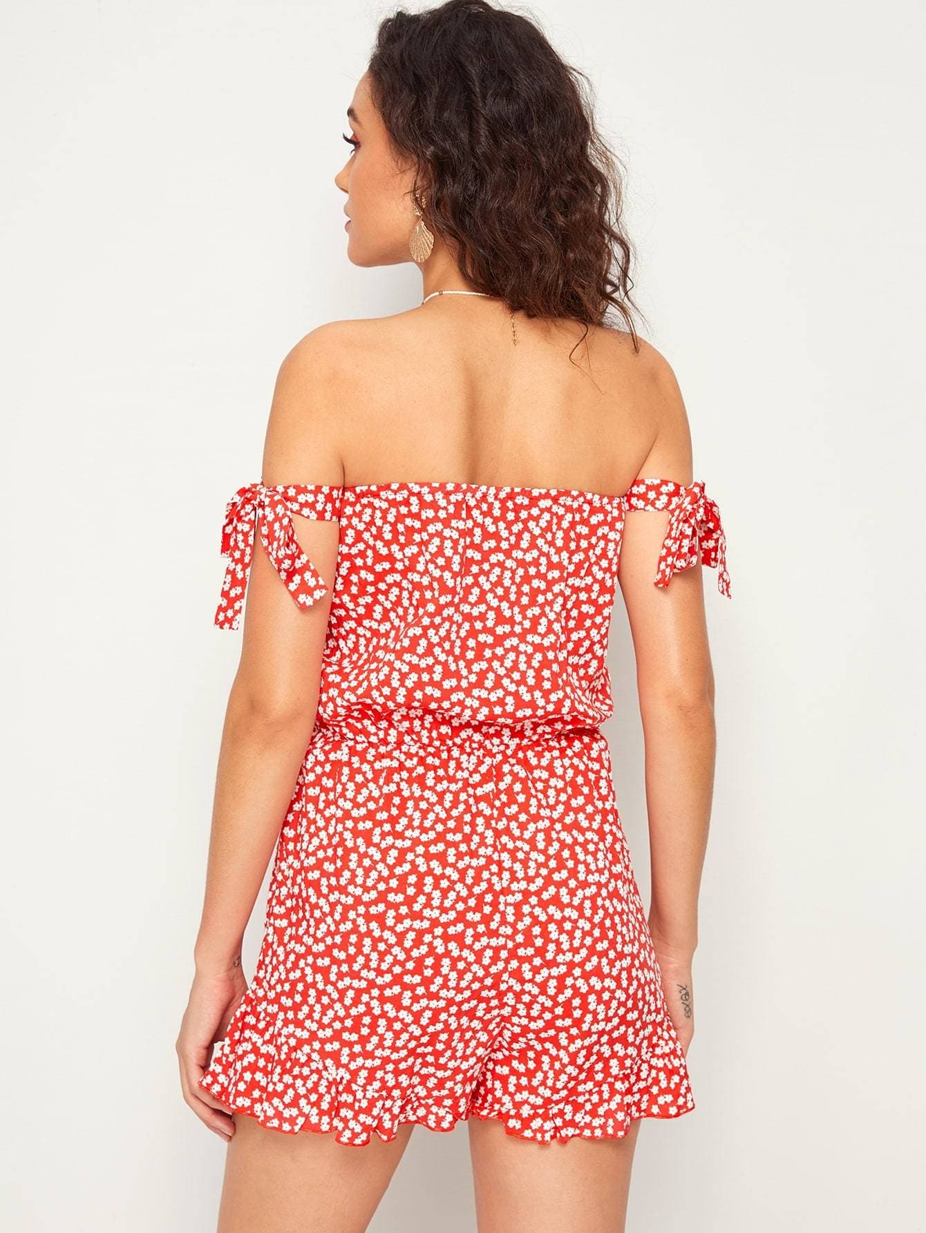 Red Off Shoulder Tie Cuff Ditsy Floral Frill Hem Bardot Romper Jumpsuit